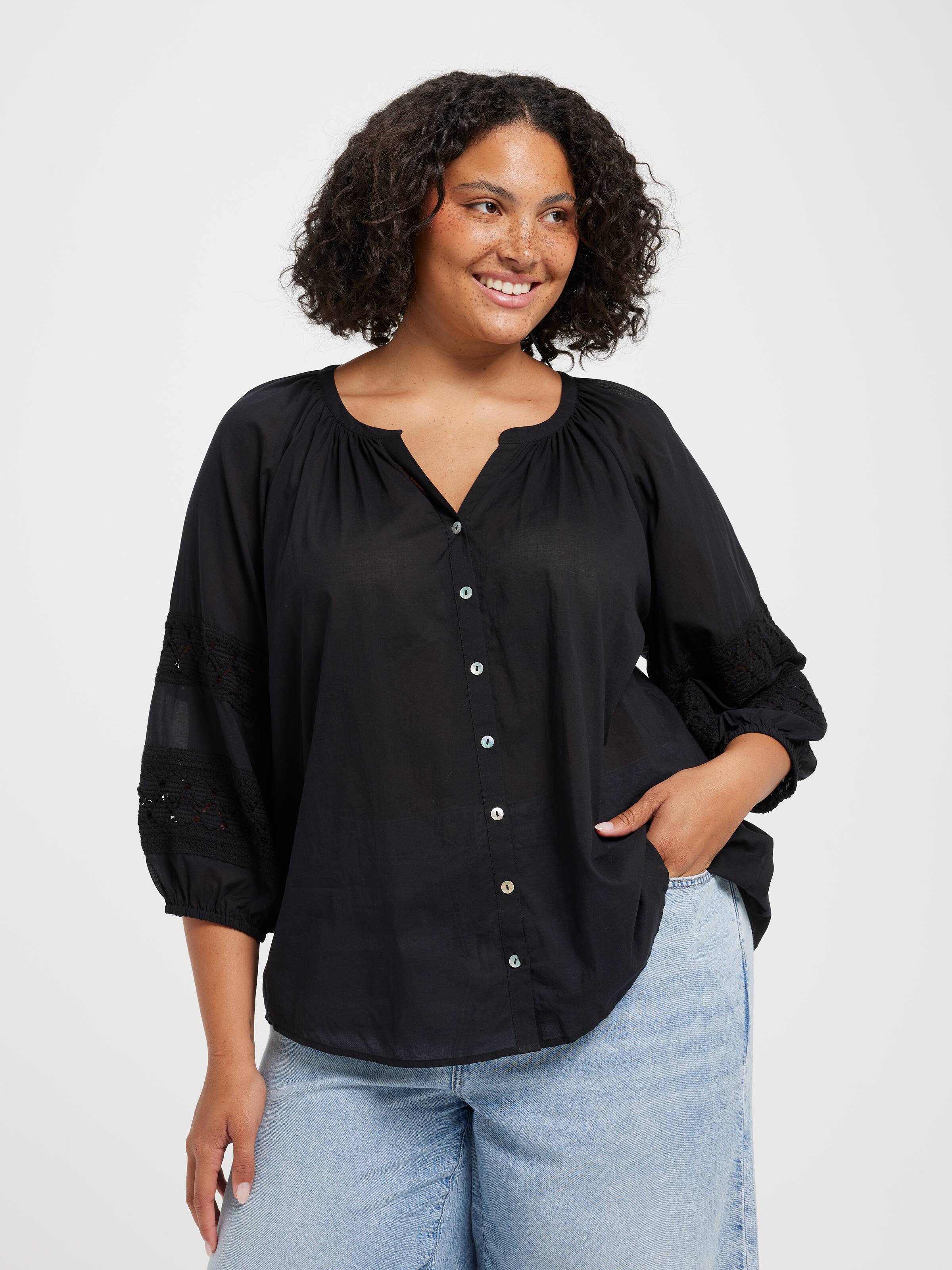 Curve Calypso 3/4 Sleeve Button Through Blouse