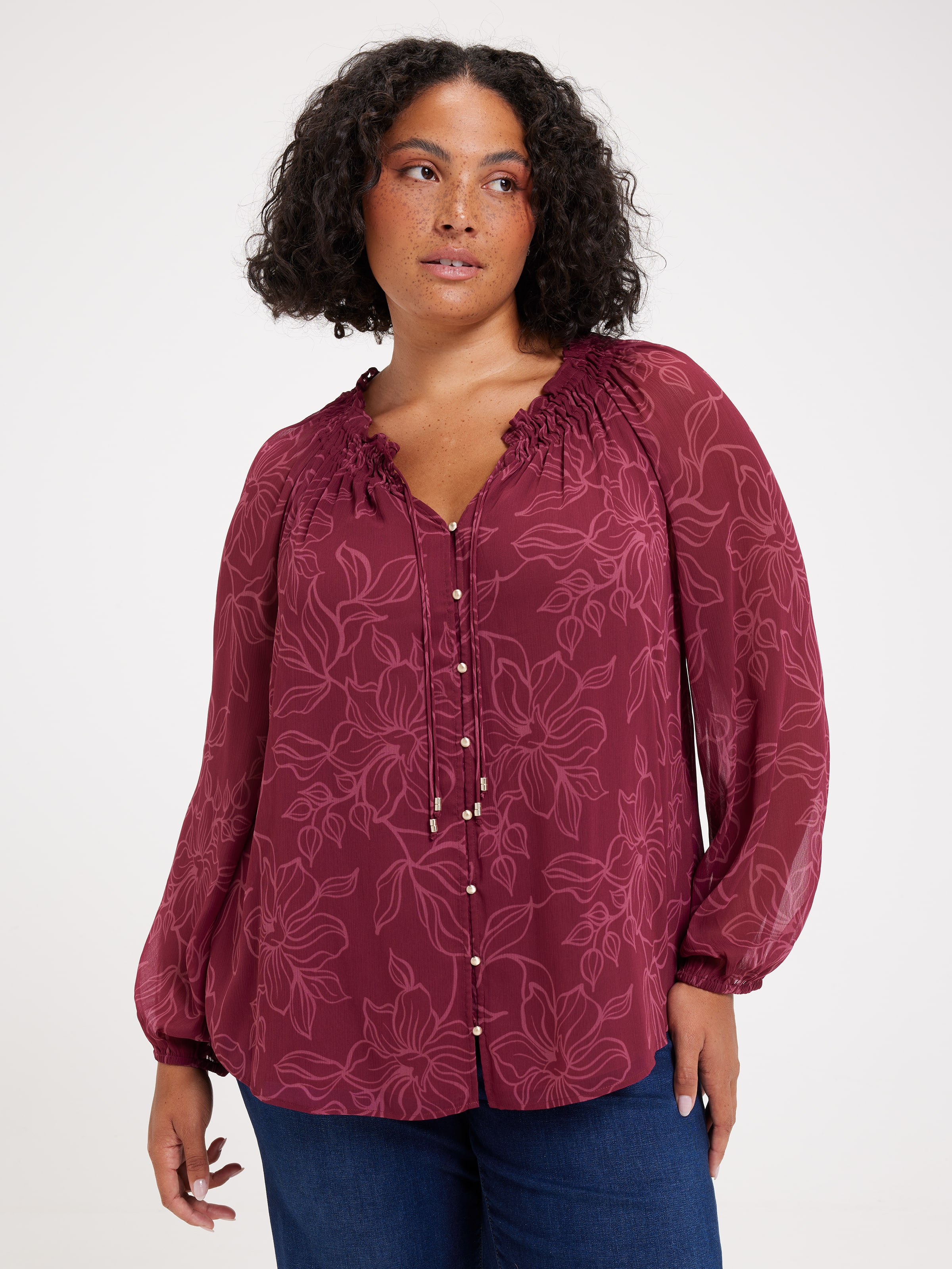 Curve Astrid Ruche Neck Long Sleeve Top