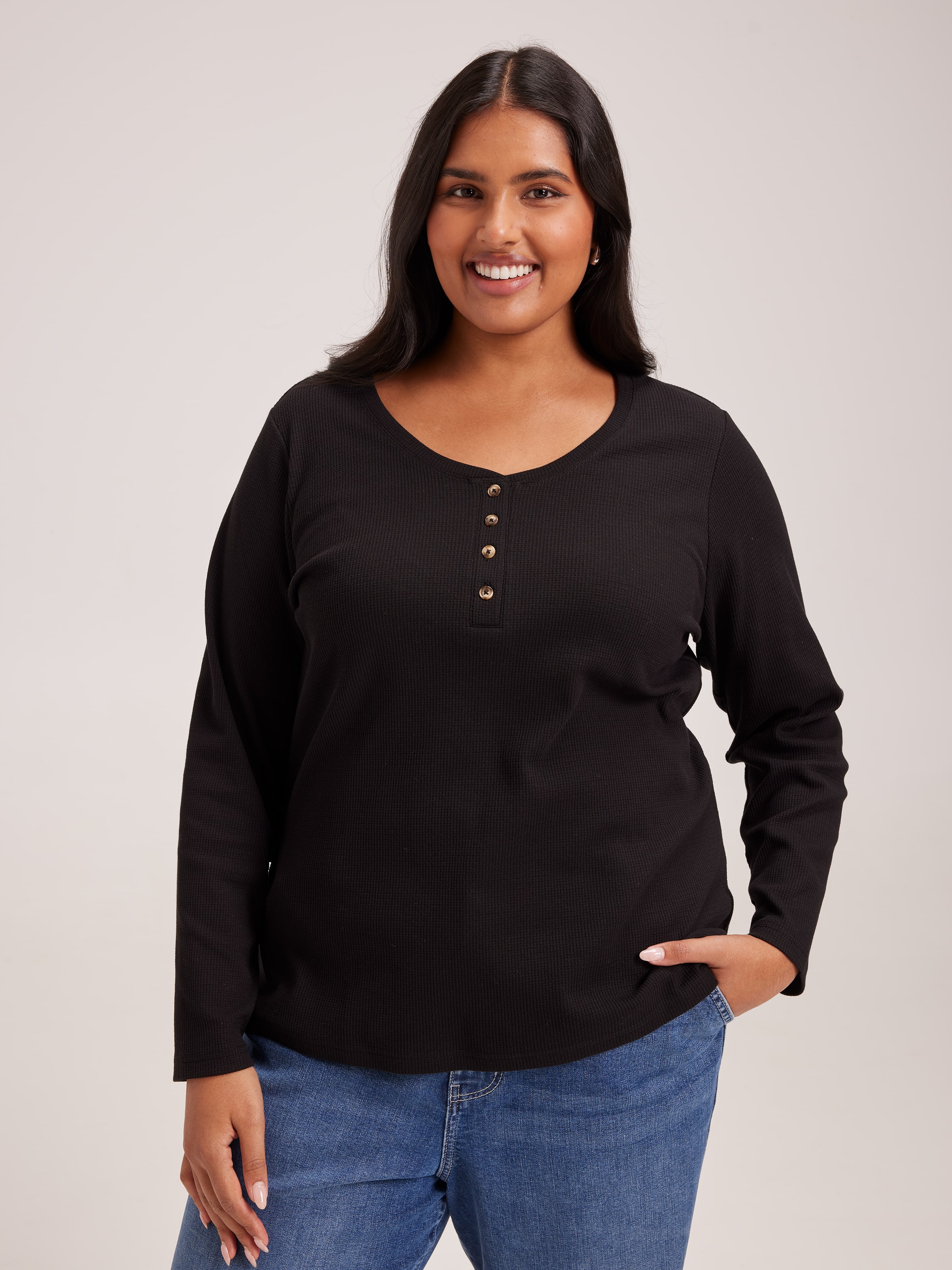 Curve Evie Long Sleeve Henley Waffle Top