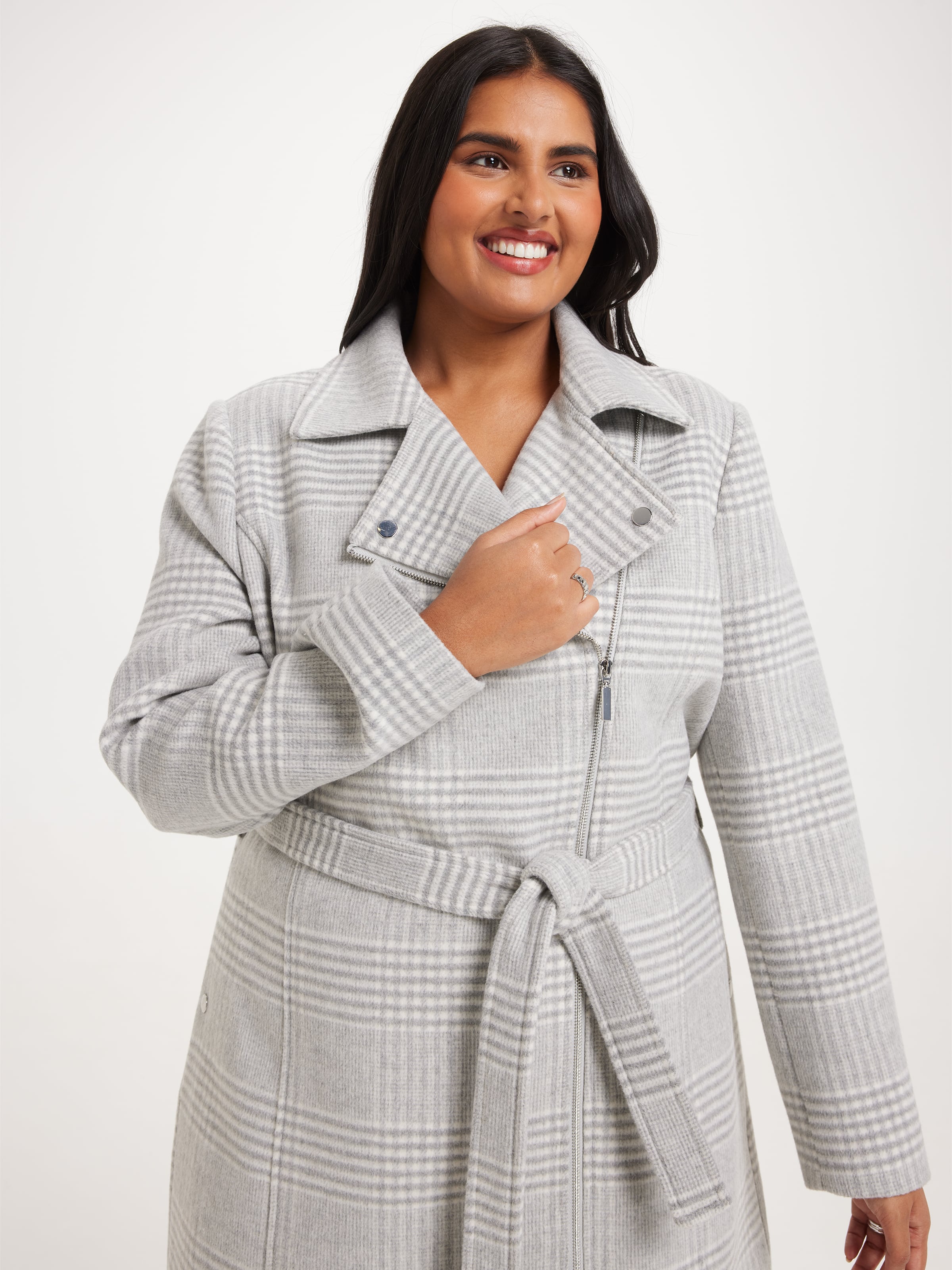 Curve Chloe Zip Check Wrap Coat - Just Jeans Online