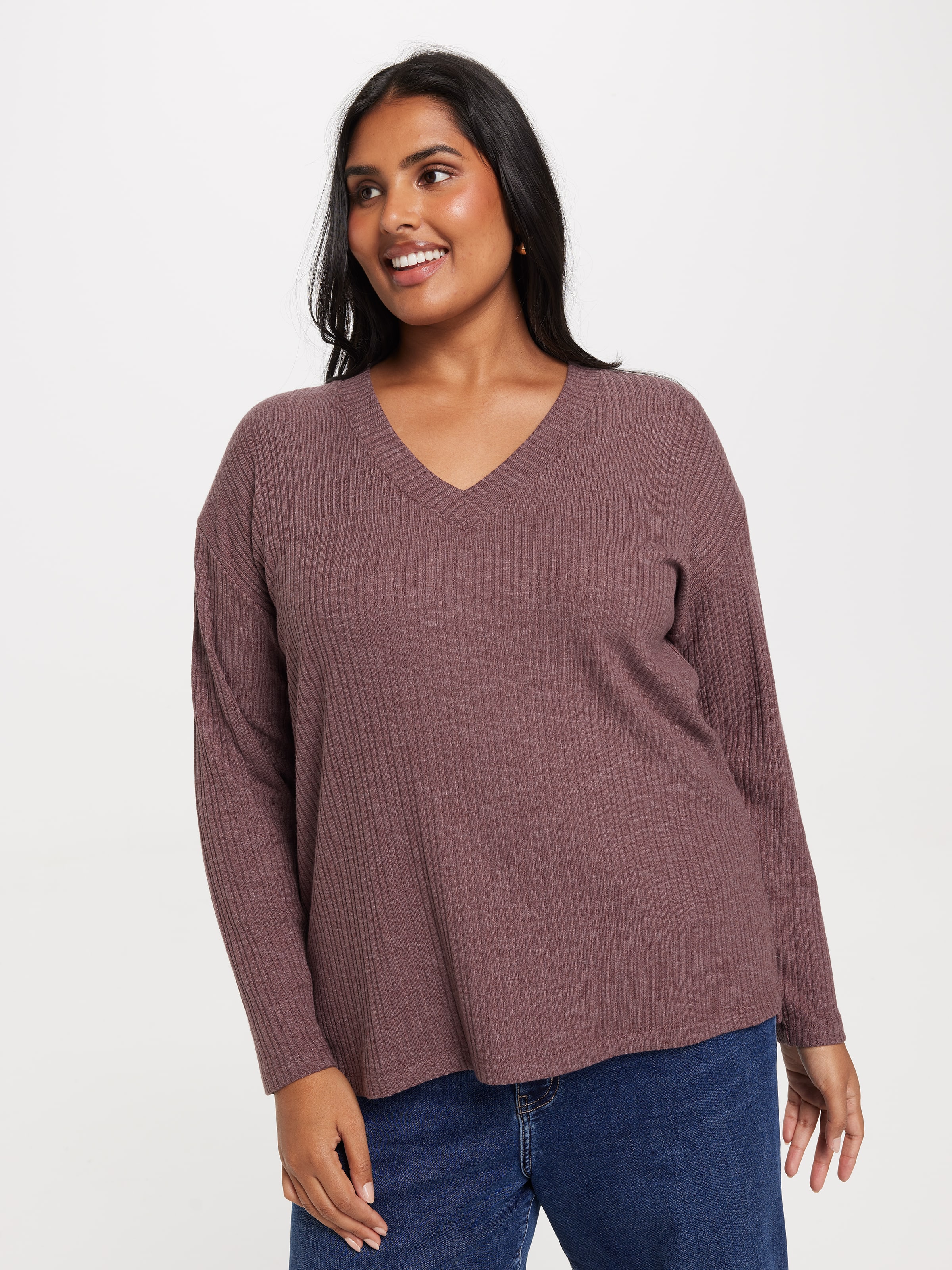 Curve Emilia V-Neck Long Sleeve Rib Top