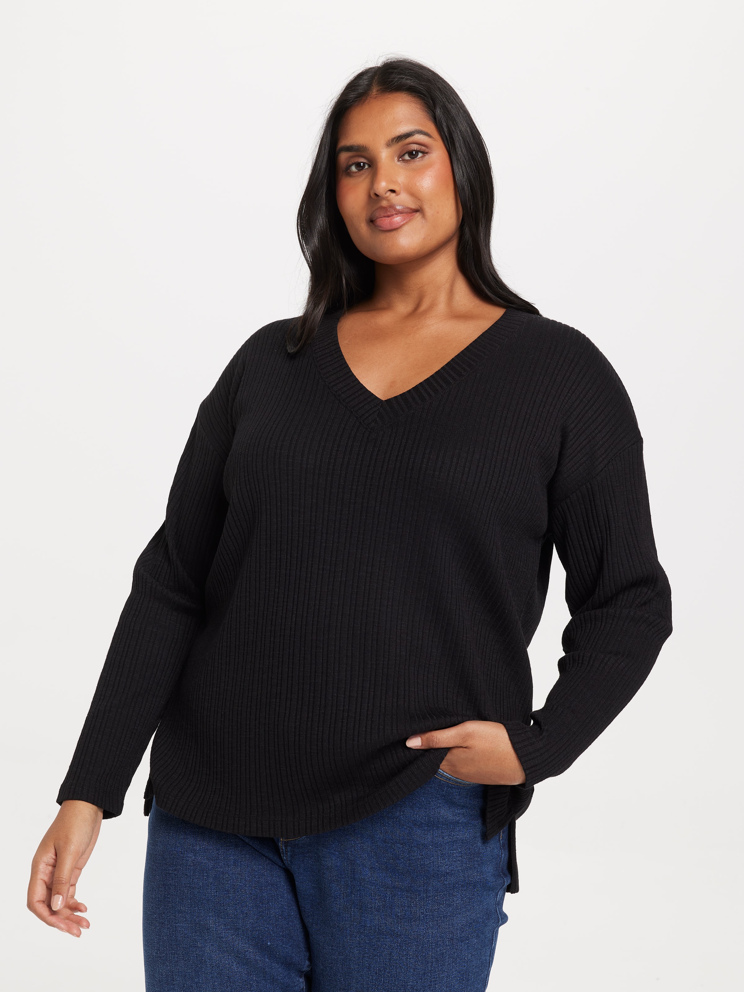 Curve Emilia V-Neck Long Sleeve Rib Top