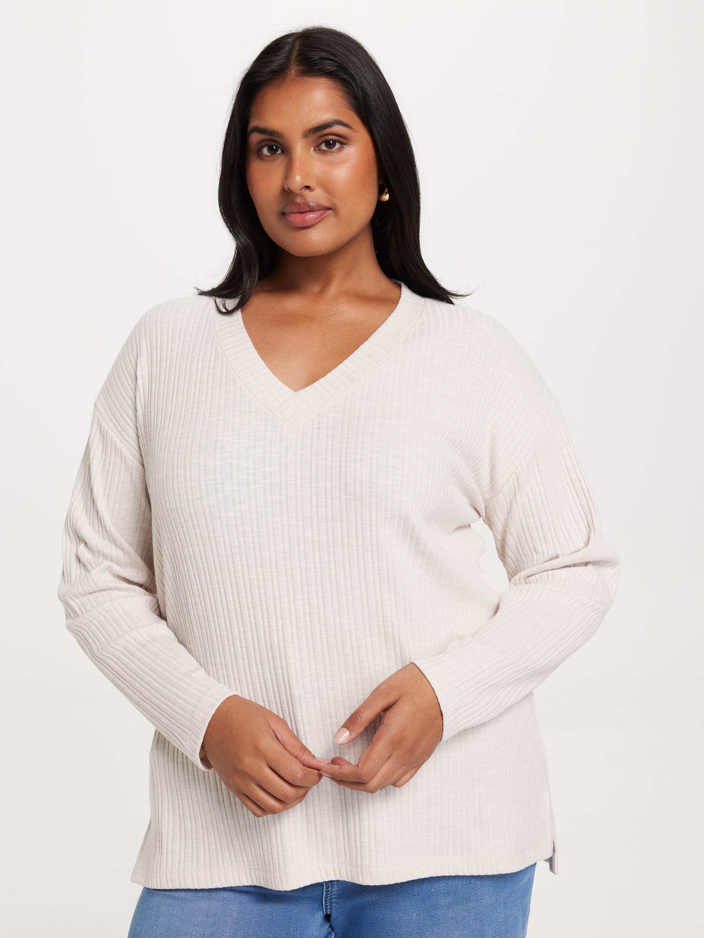 Curve Emilia V-Neck Long Sleeve Rib Top