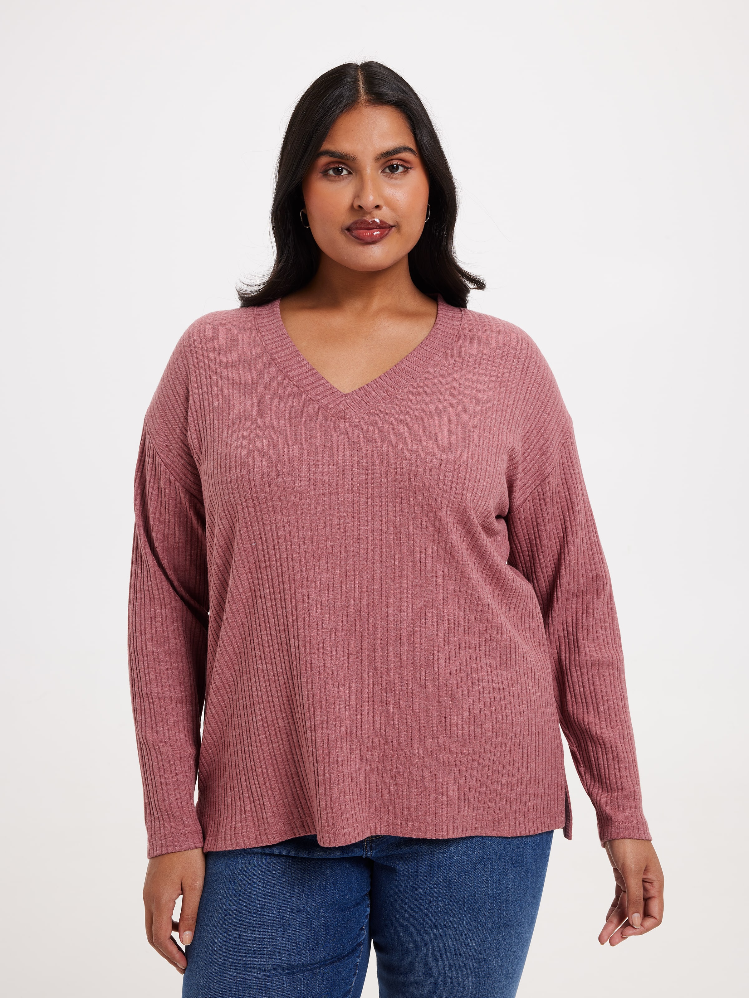Curve Emilia V-Neck Long Sleeve Rib Top