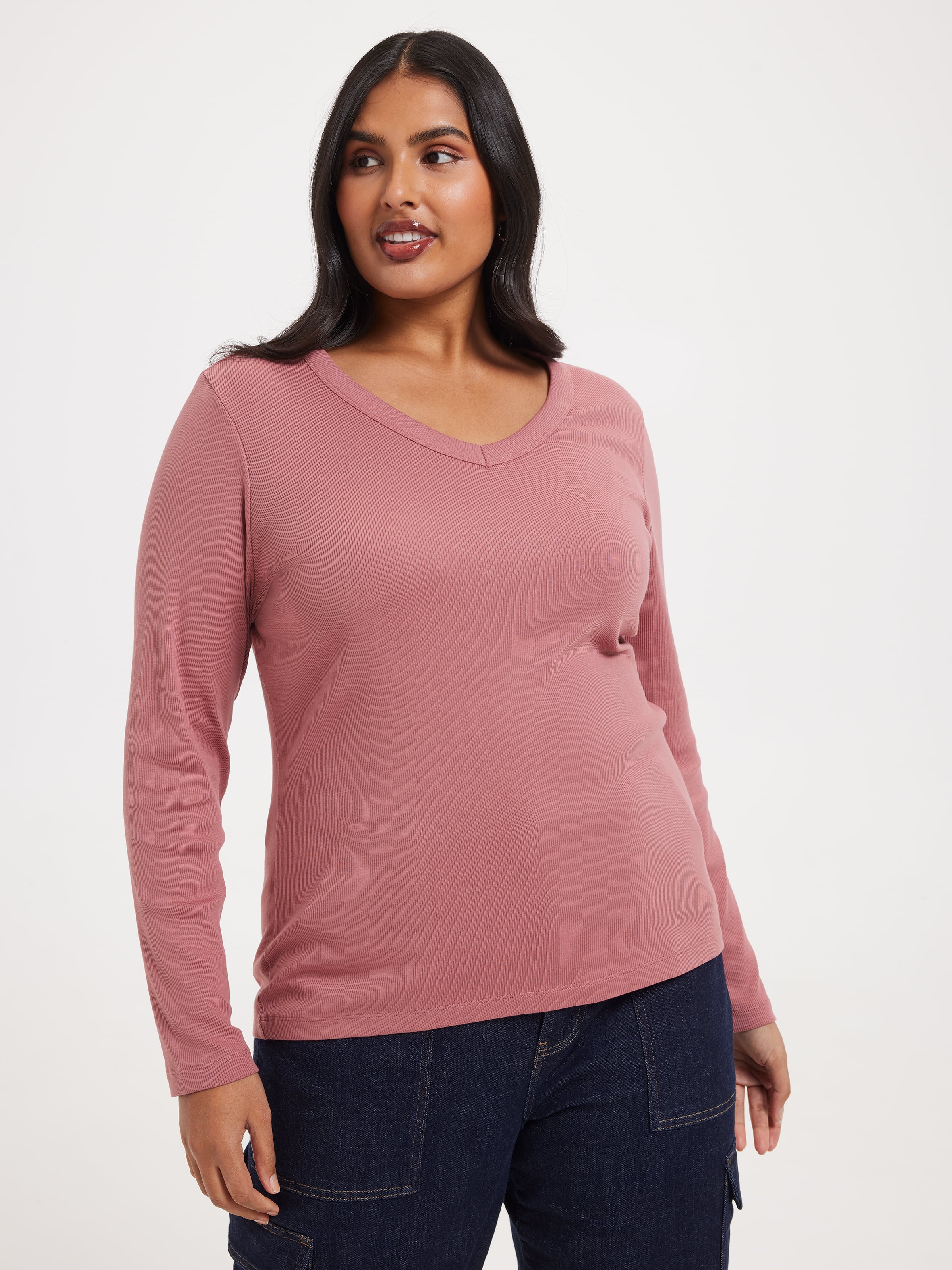 Curve Rib Long Sleeve V-Neck Rib Top