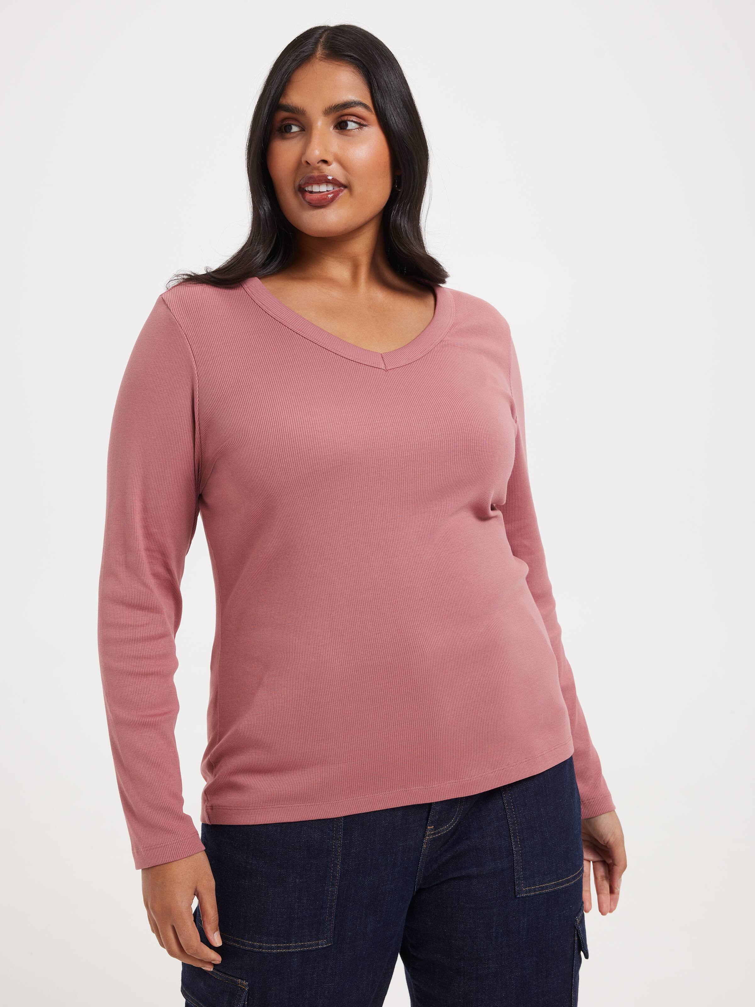Curve Rib Long Sleeve V-Neck Rib Top