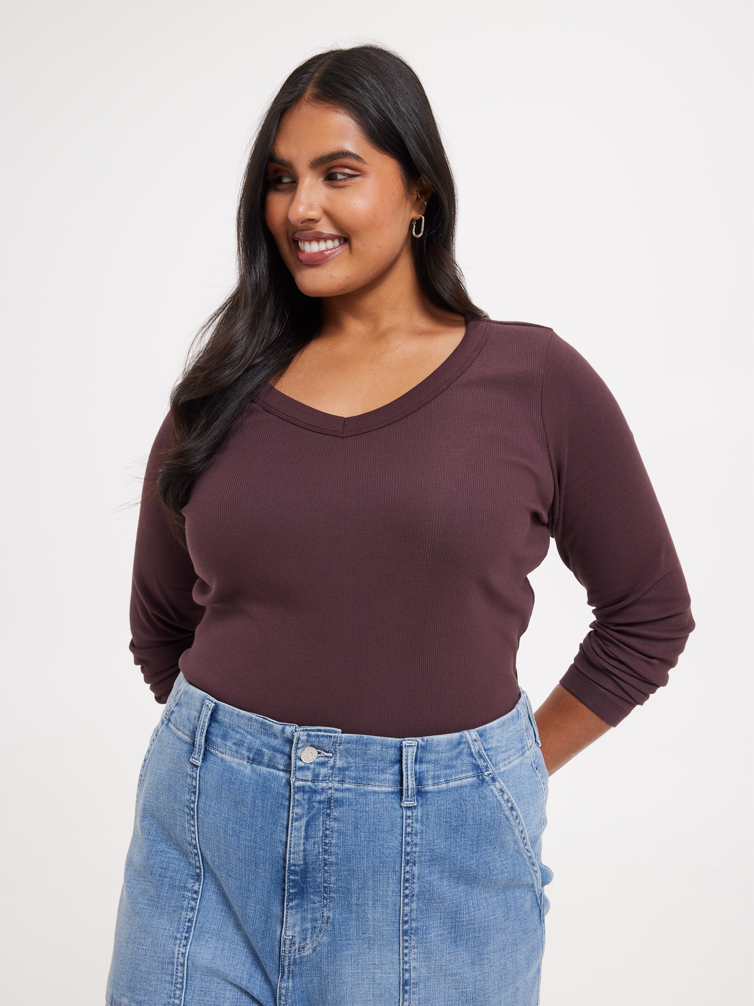 Curve Rib Long Sleeve V-Neck Rib Top