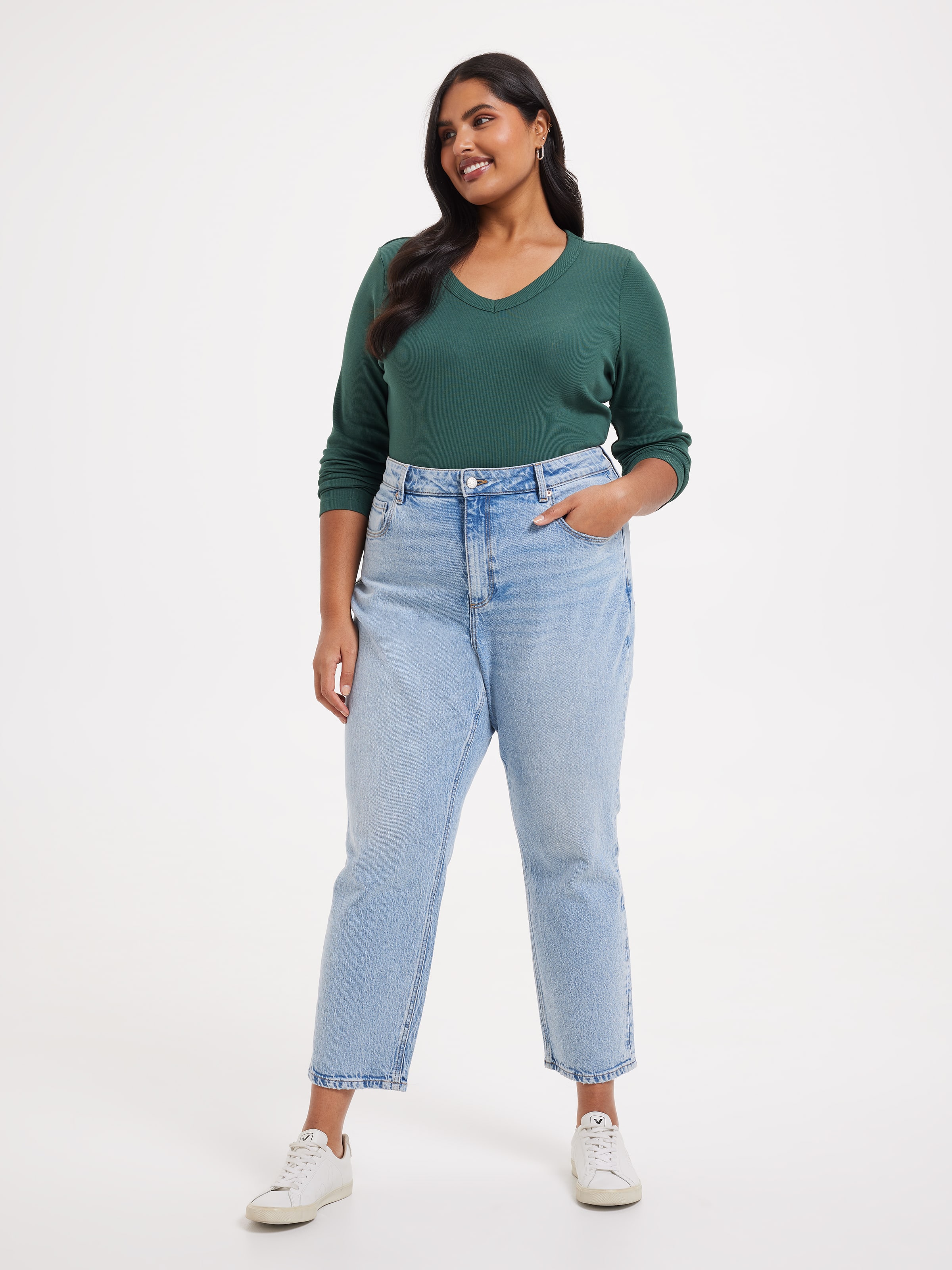 Curve Rib Long Sleeve V-Neck Rib Top