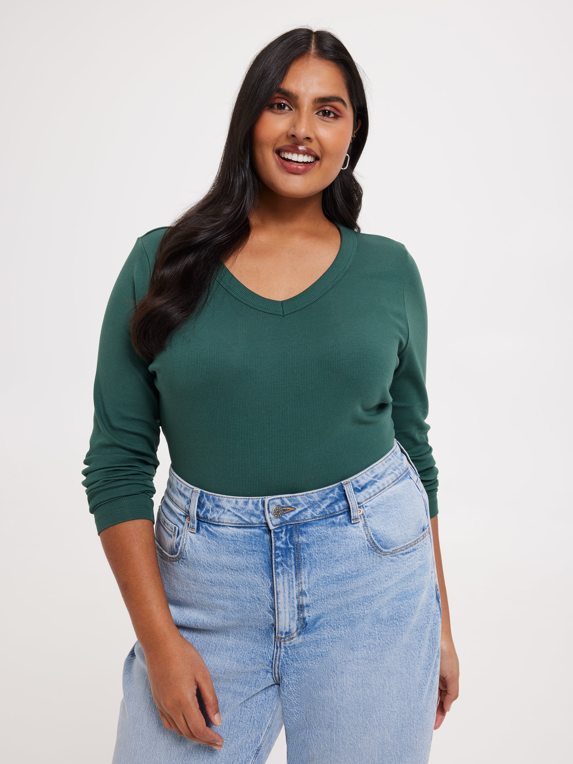 Curve Rib Long Sleeve V-Neck Rib Top