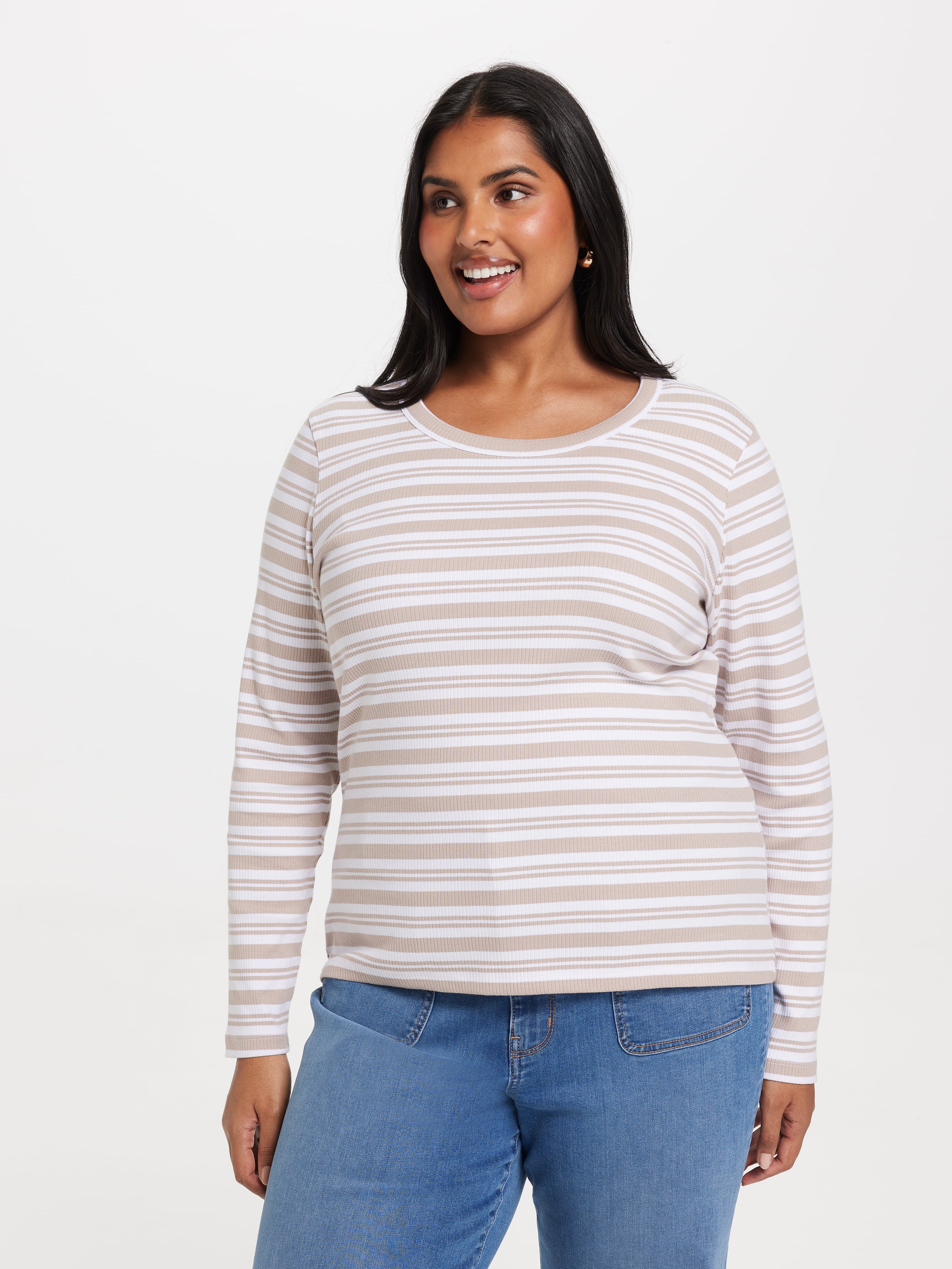Curve Rib Long Sleeve Crew Neck Top