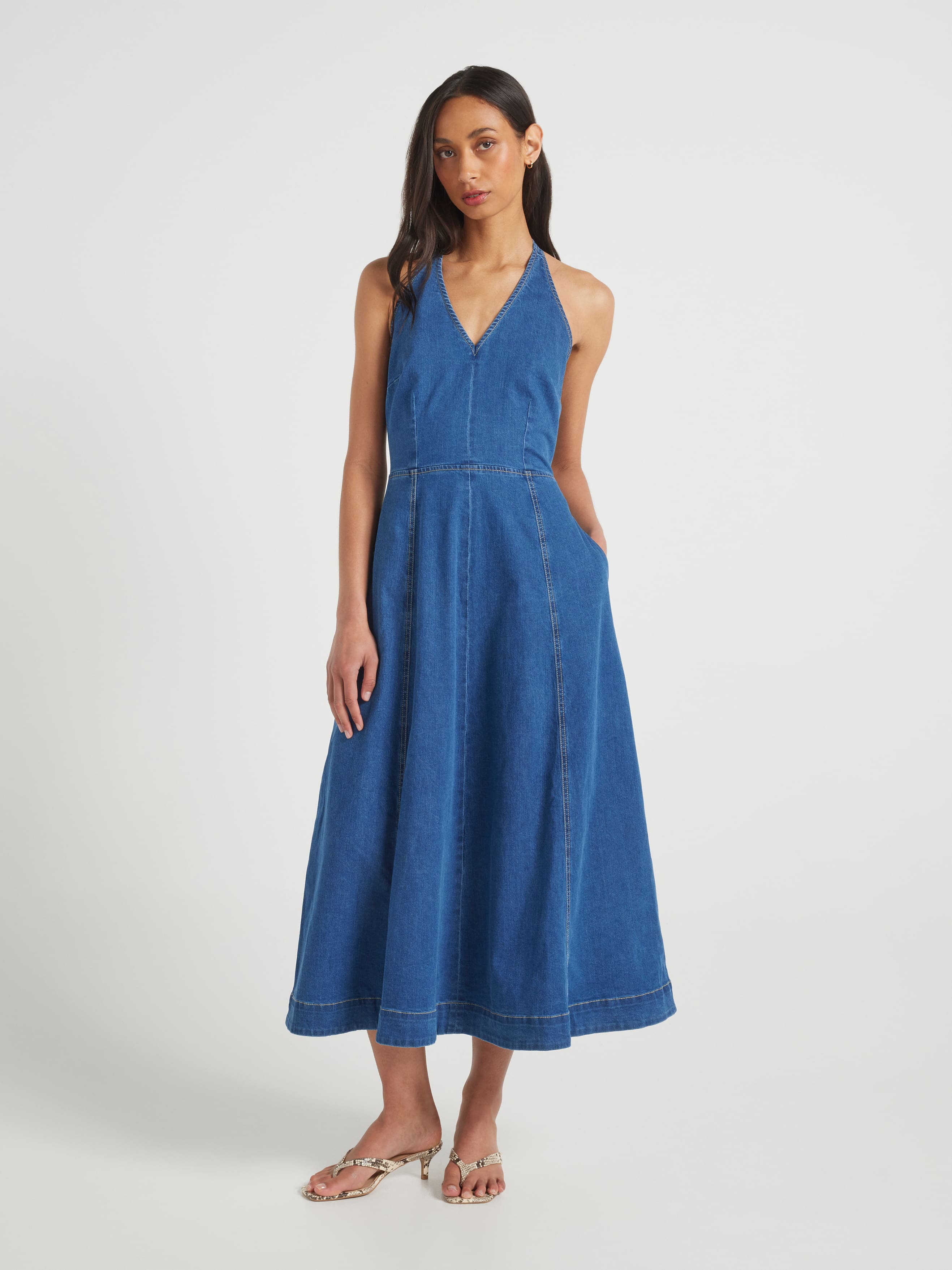 Rue Halter Denim Midi Dress