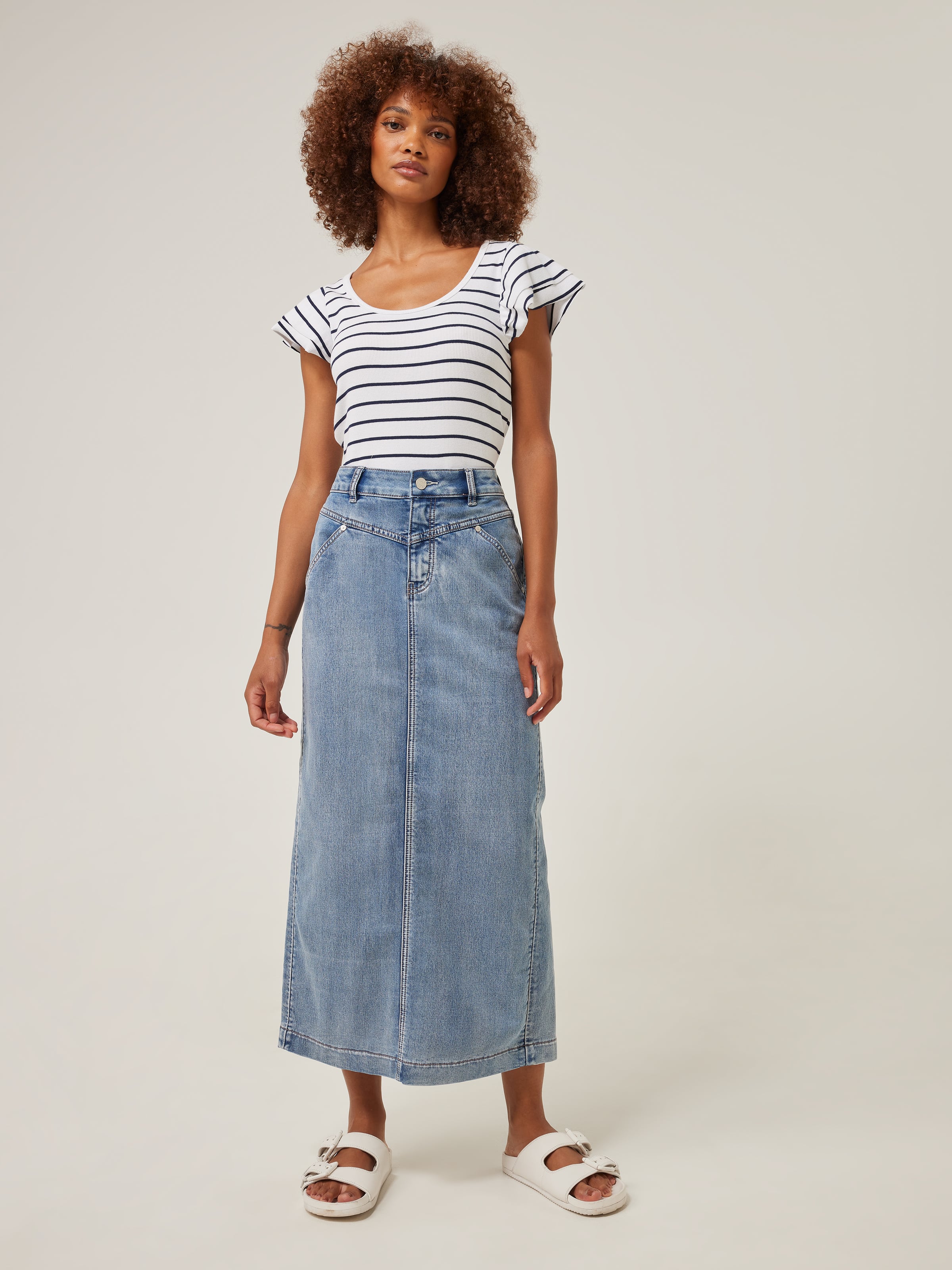 Kira Midi Skirt - Front Split Denim Skirt in Ecru | Showpo