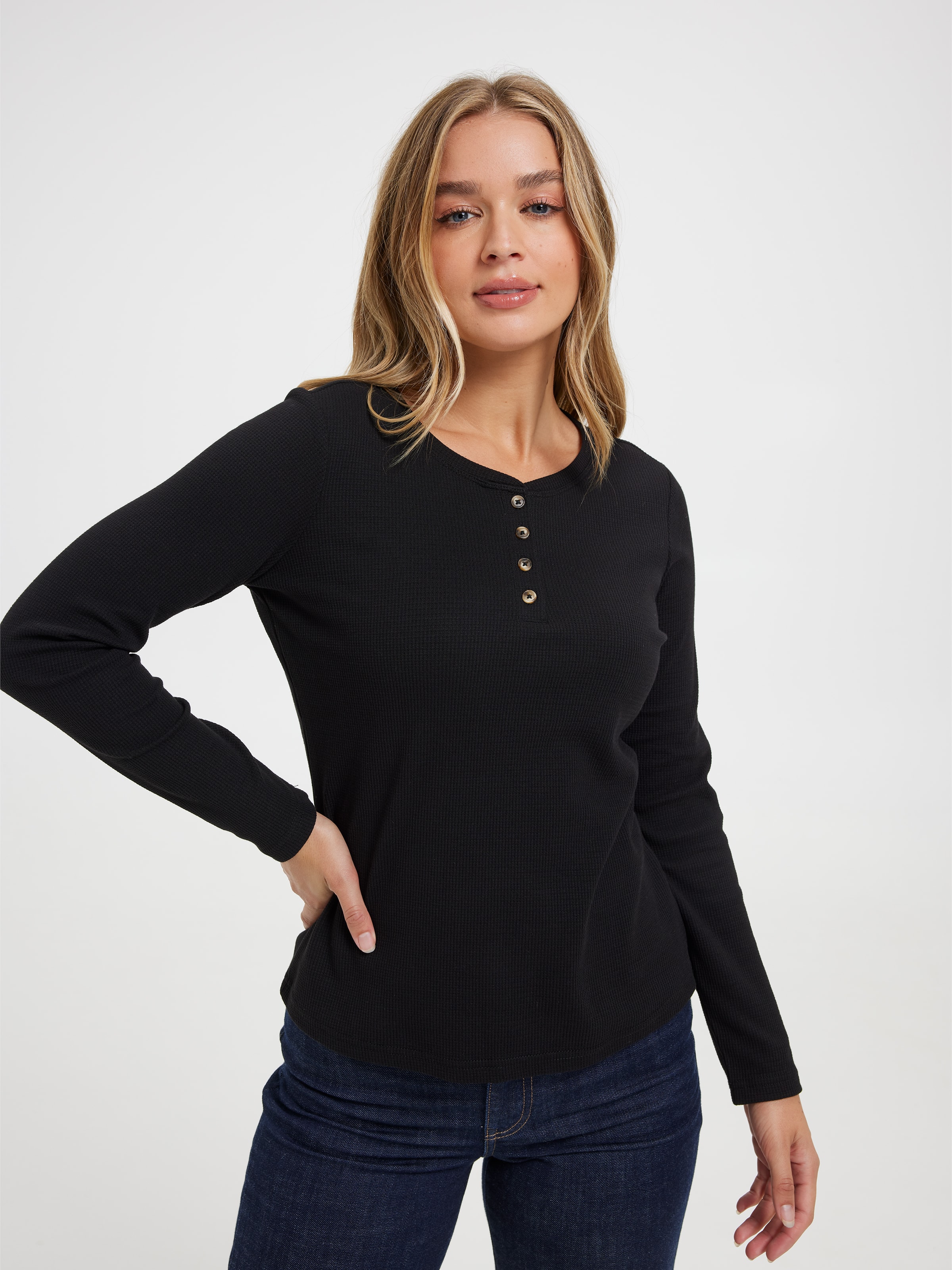 Evie Long Sleeve Henley Waffle Top