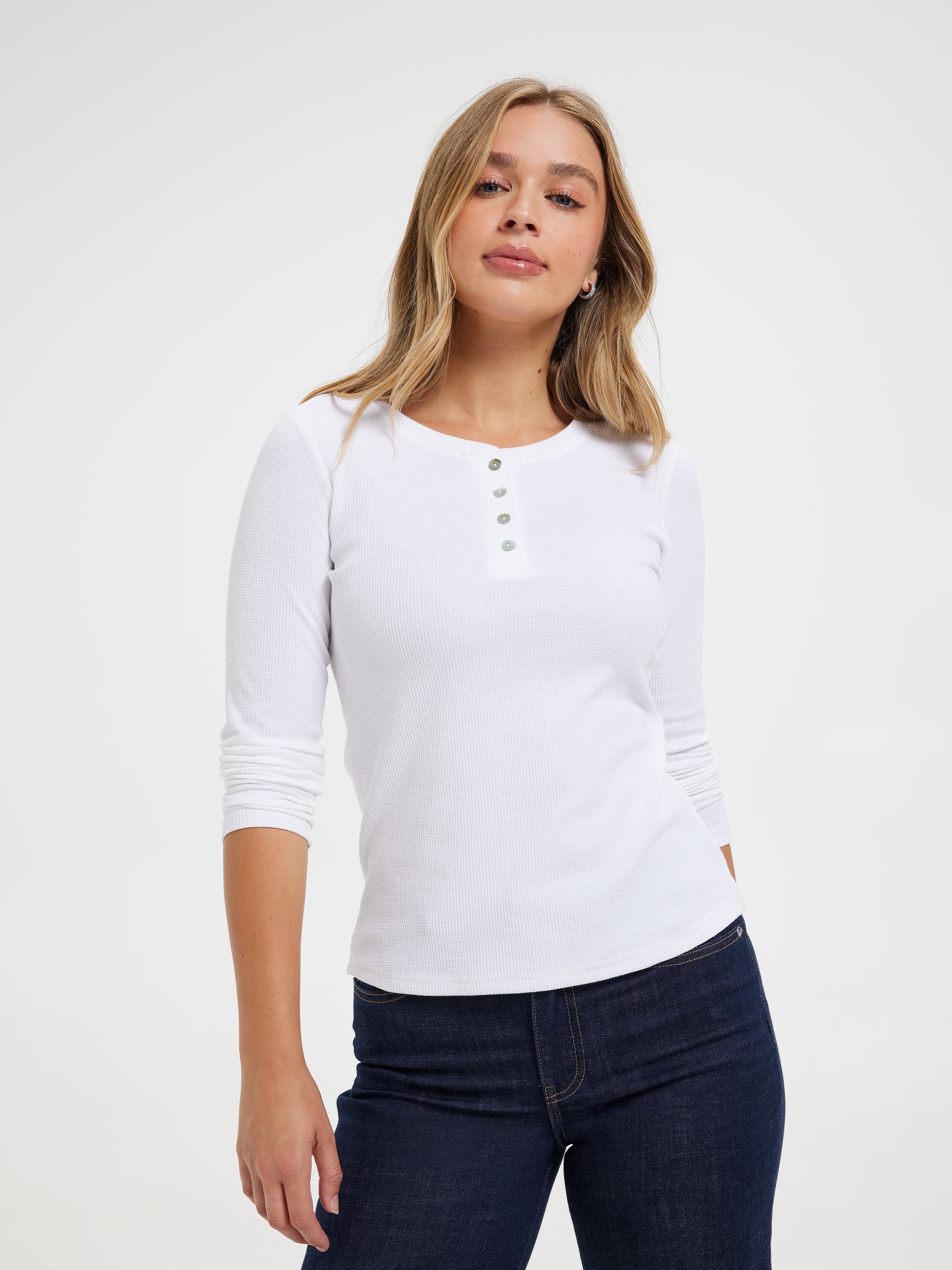 Evie Long Sleeve Henley Waffle Top