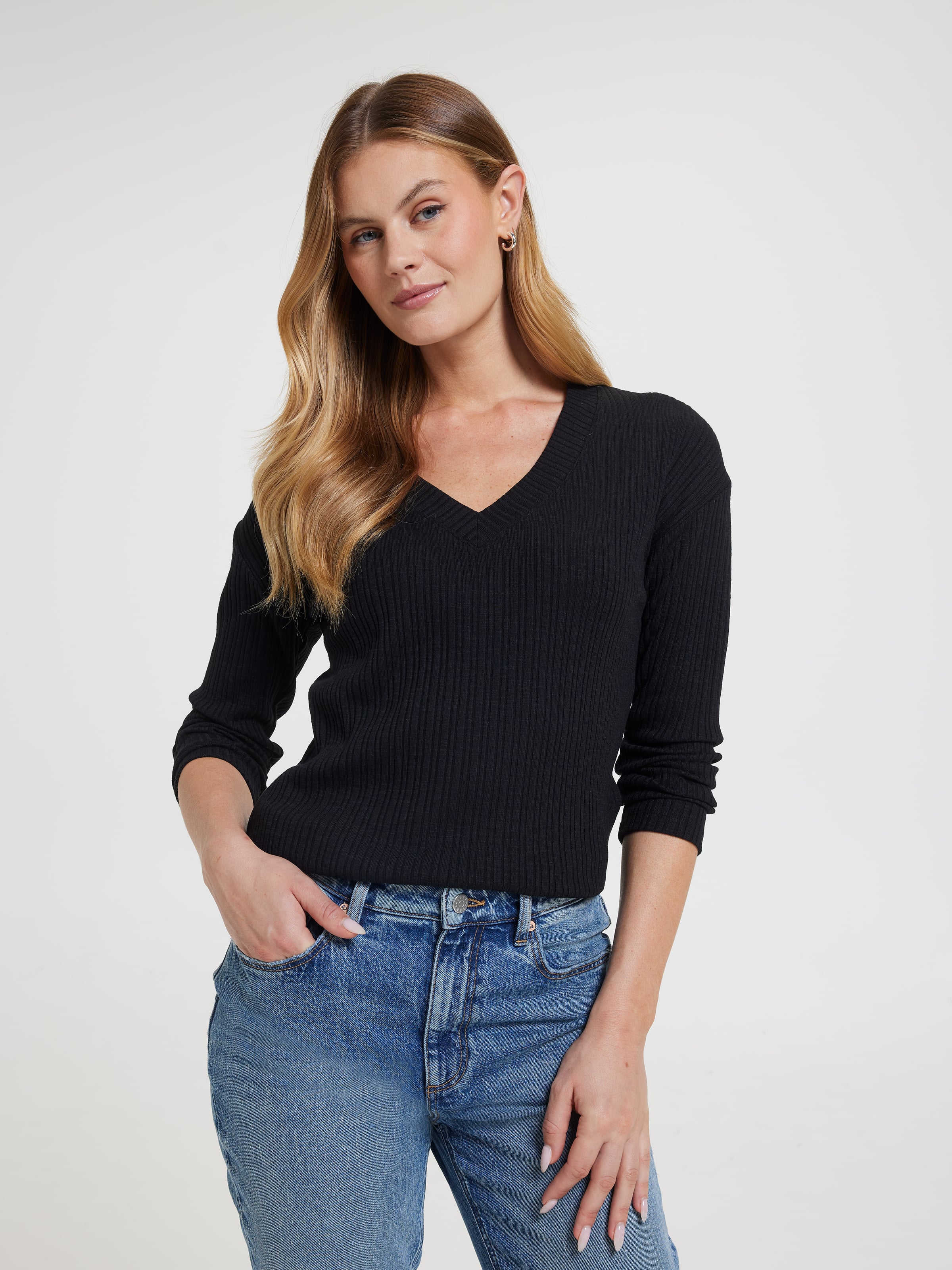 Emilia V-Neck Long Sleeve Rib Top