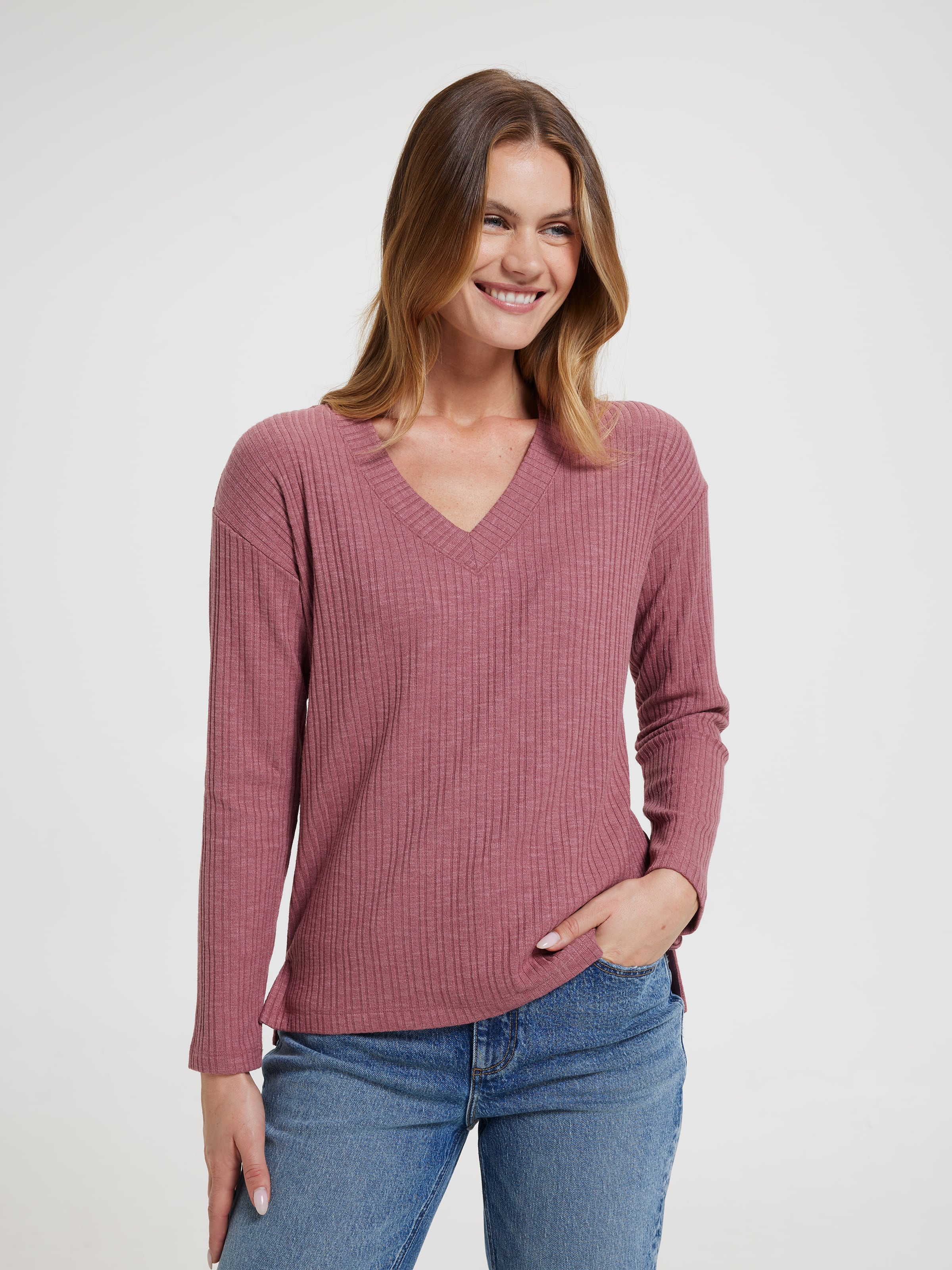 Emilia V-Neck Long Sleeve Rib Top