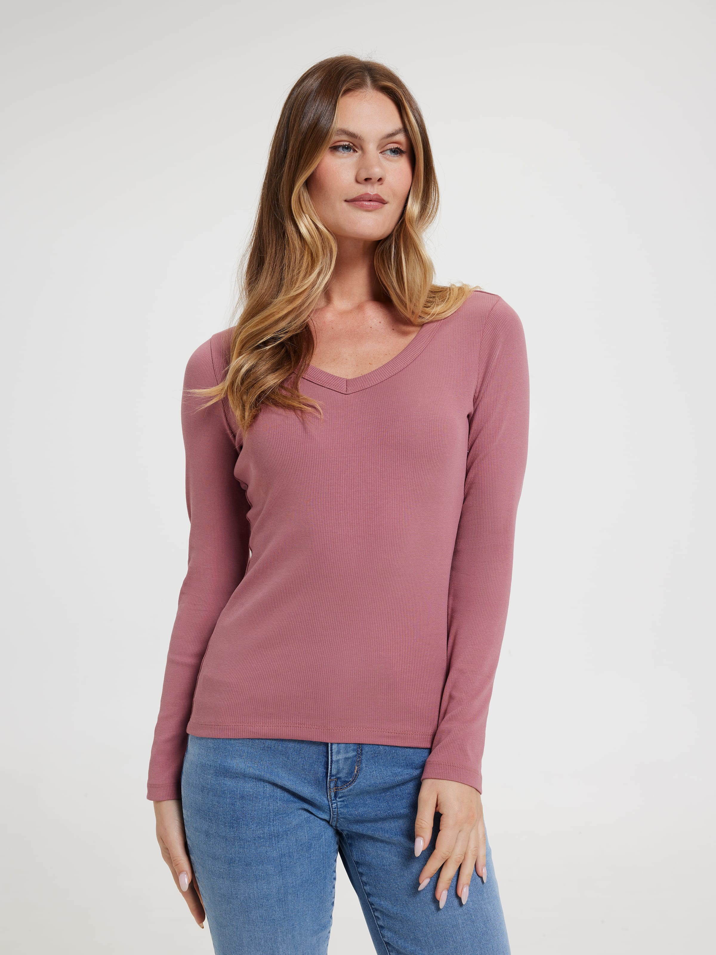 Rib Long Sleeve V-Neck Rib Top