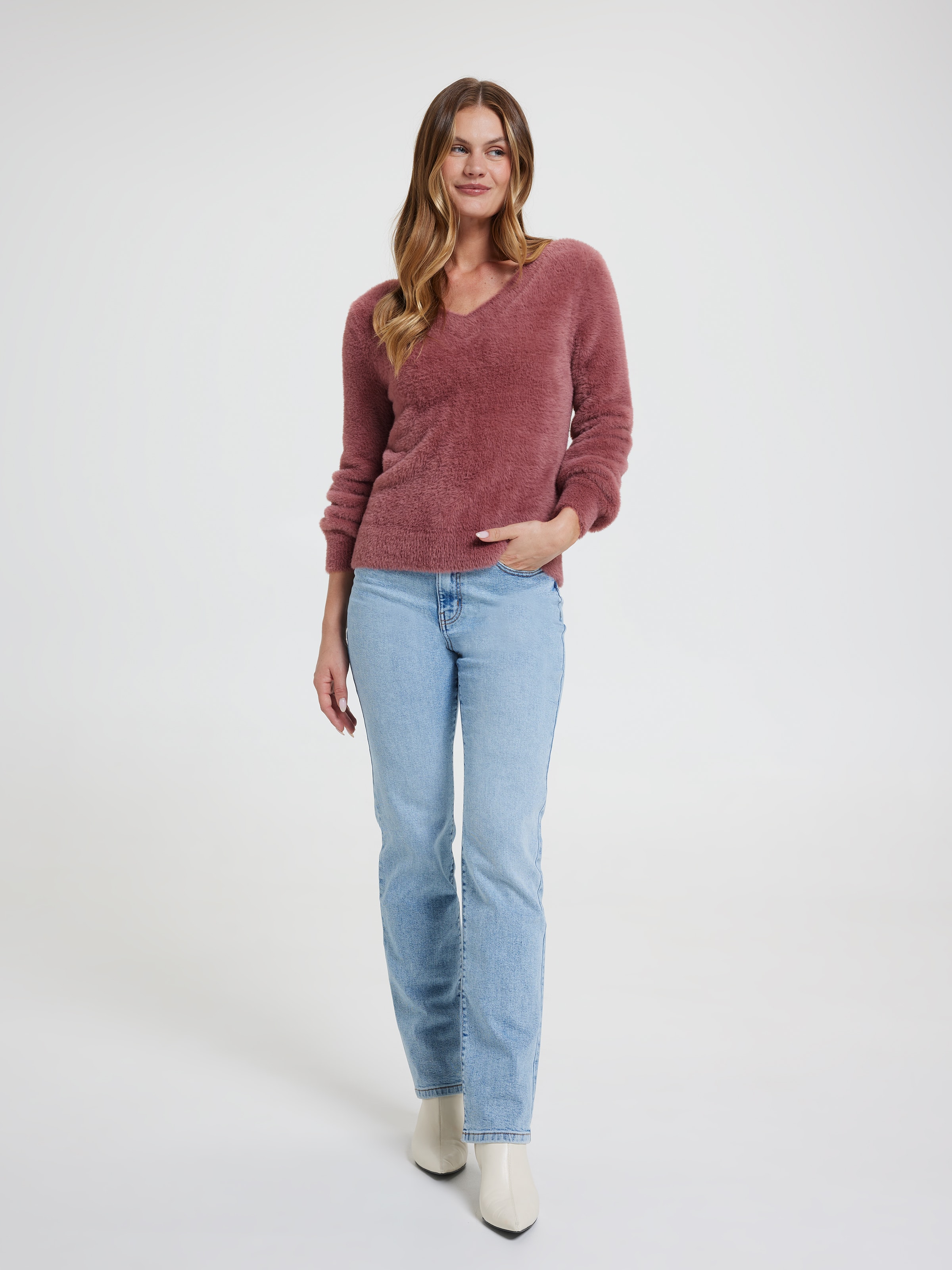 Delilah V-Neck Eyelash Pullover