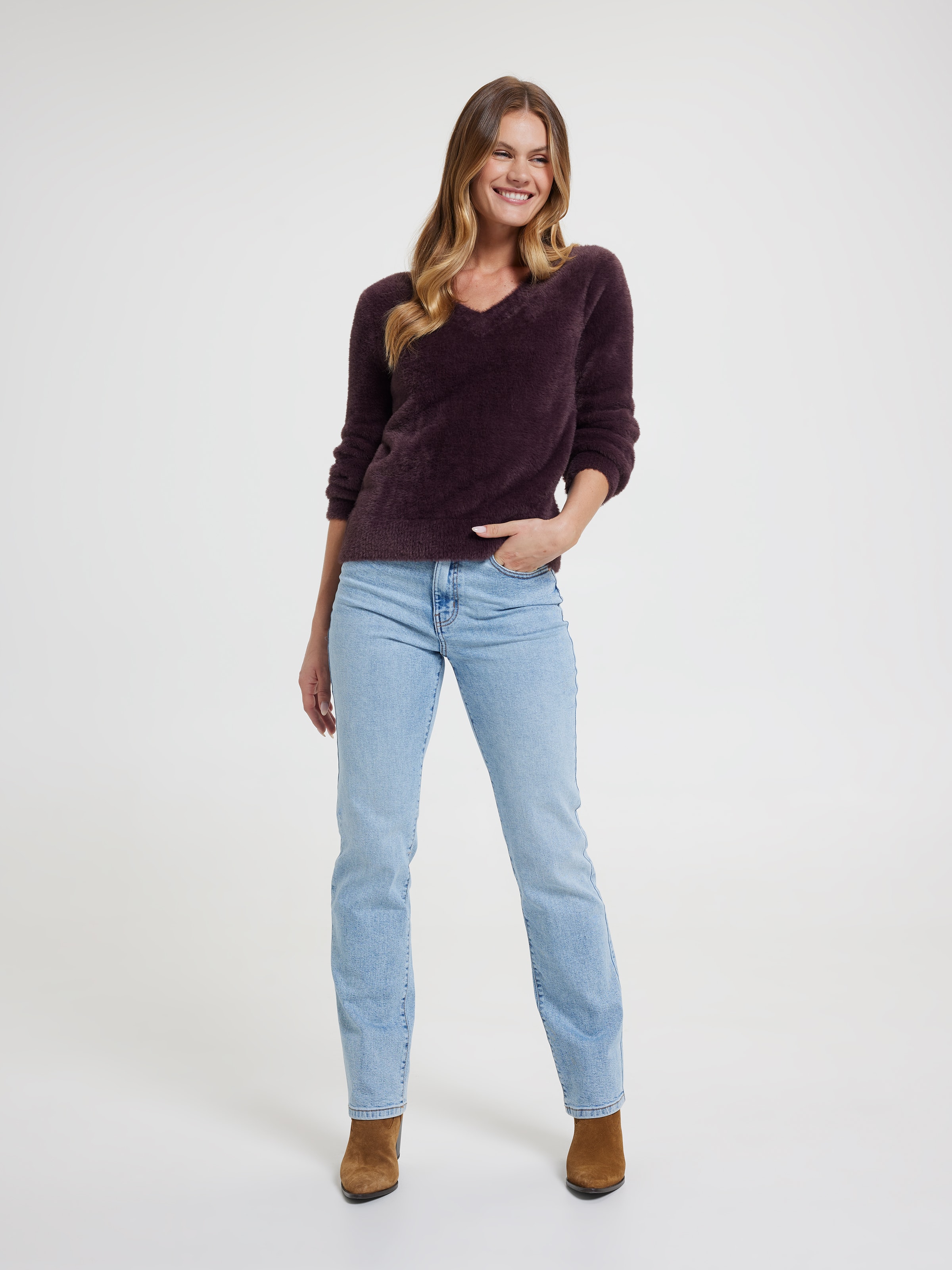 Delilah V-Neck Eyelash Pullover