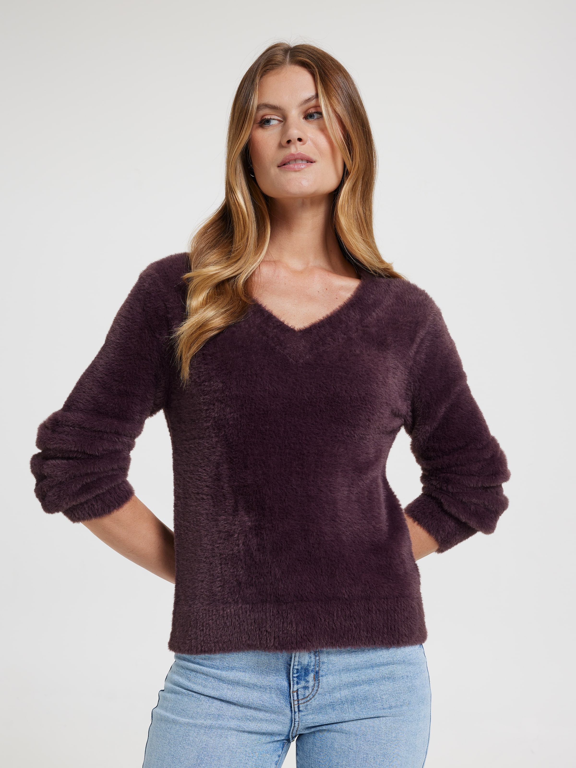 Delilah V-Neck Eyelash Pullover