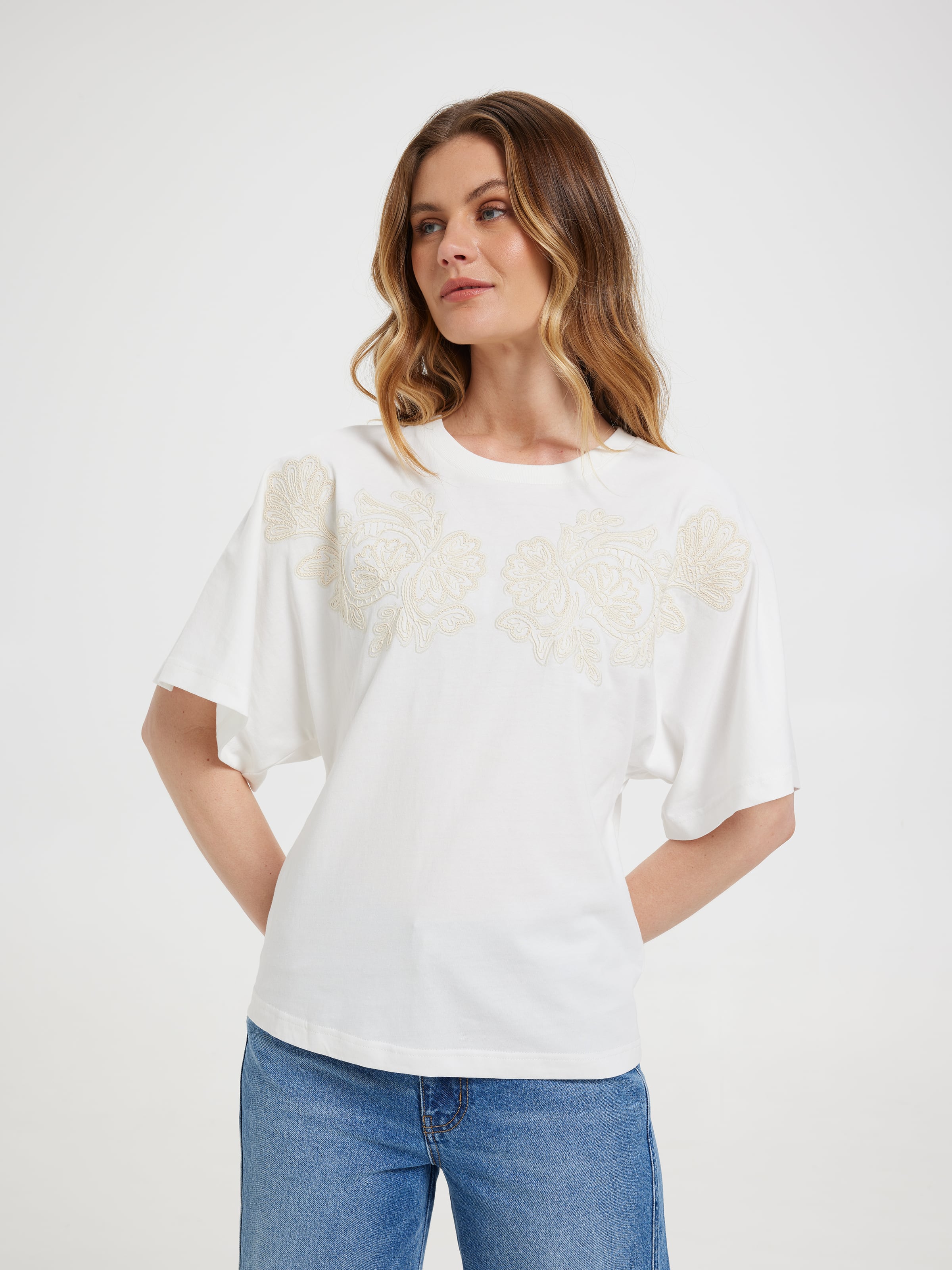 Remi Embroidery Dolman Short Sleeve Top