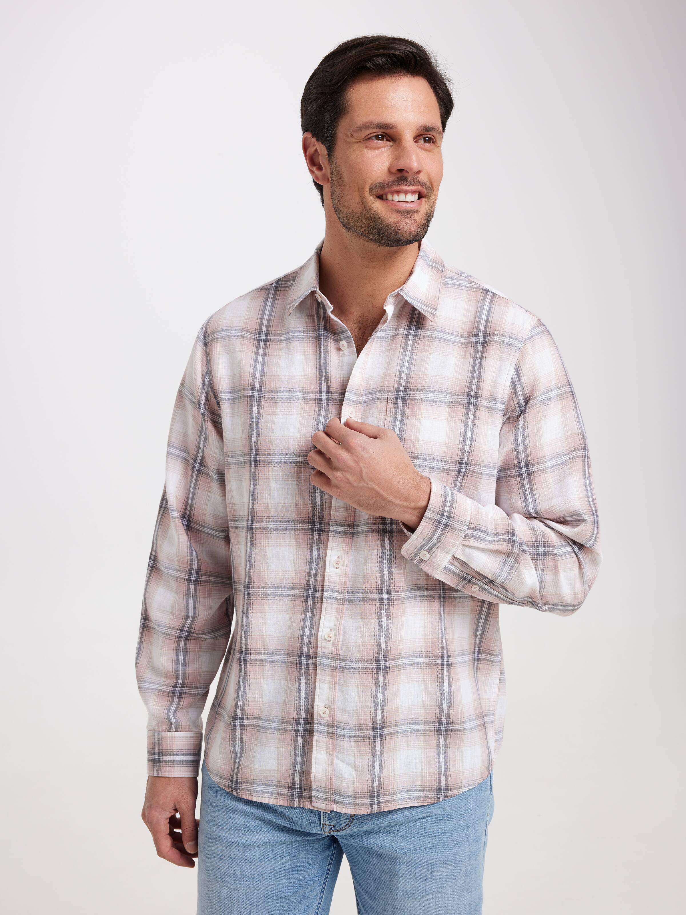 Long Sleeve Linen Blend Check Shirt