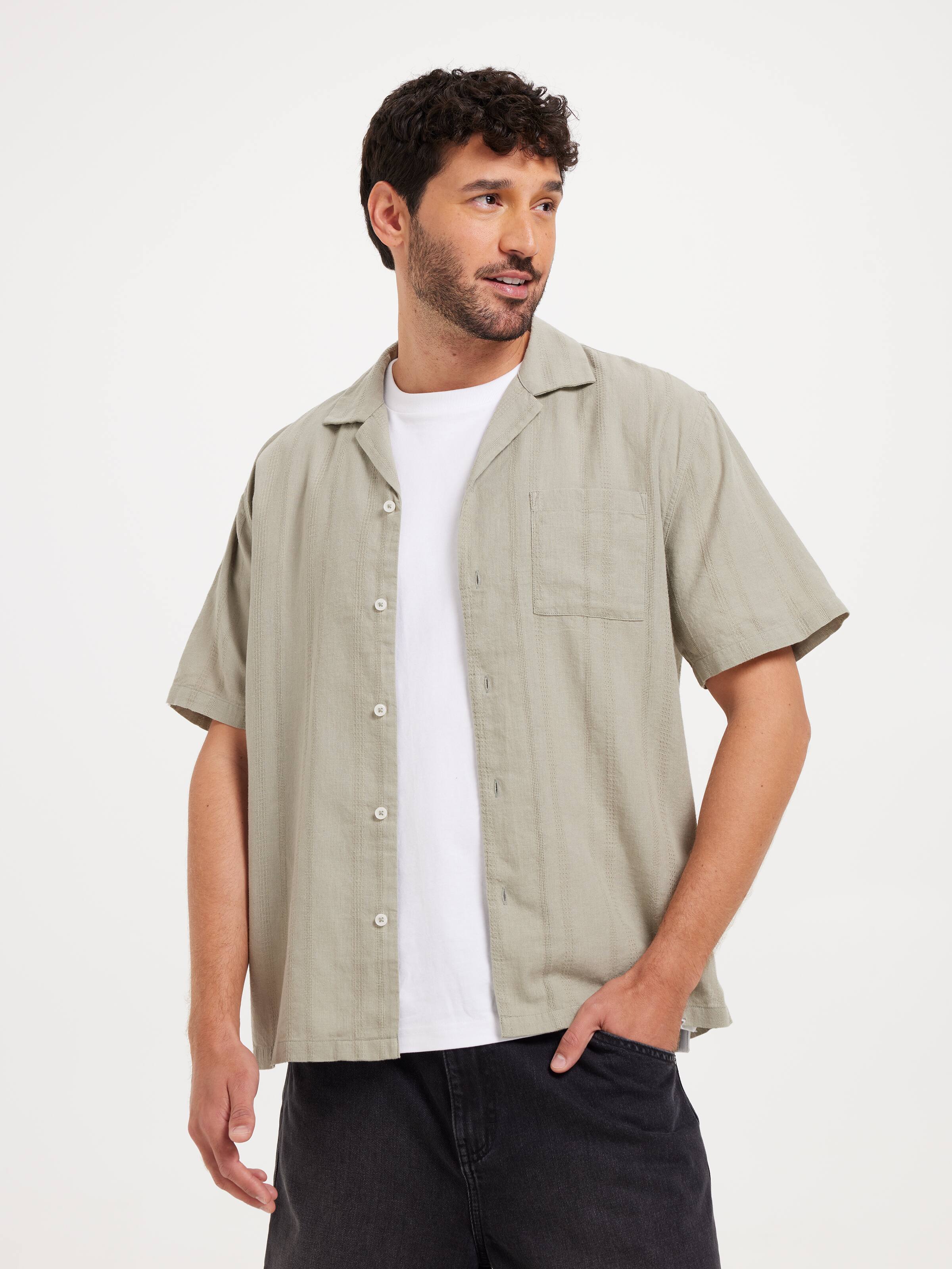 Short Sleeve Linen Blend Revere Dobby