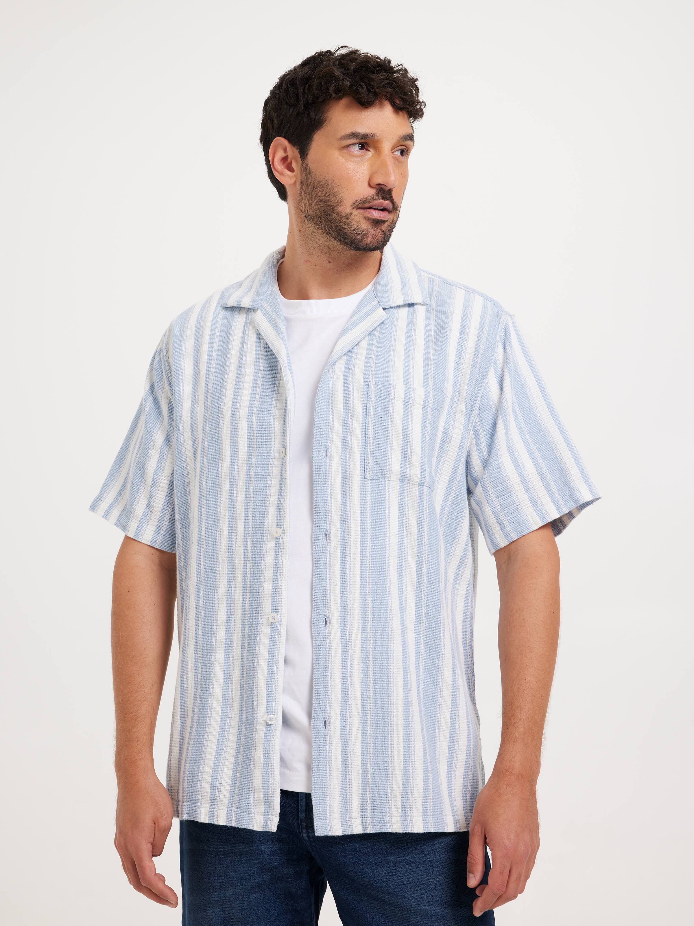 Short Sleeve Revere Textured Stripe Shirt