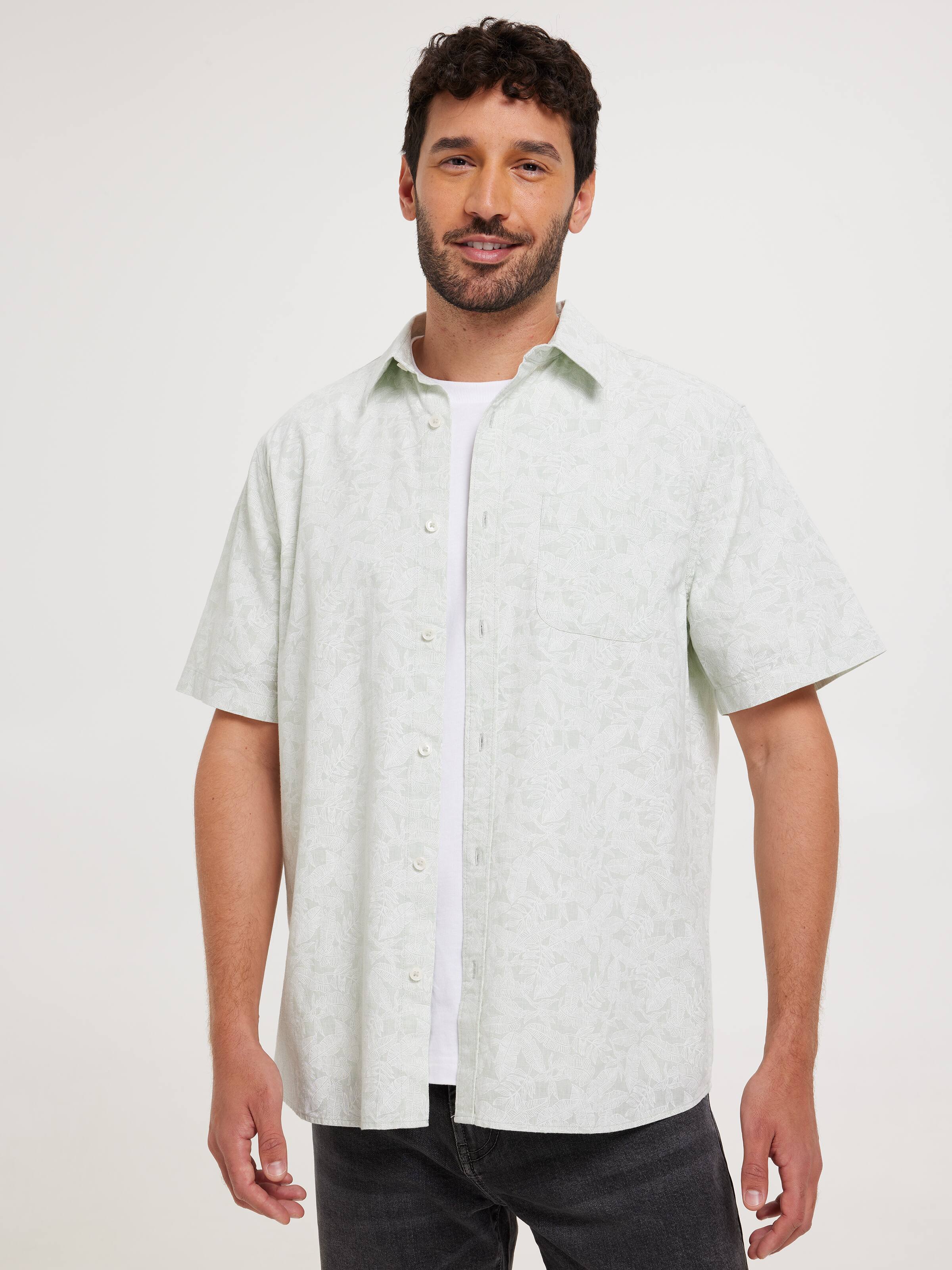 Short Sleeve Linen Blend Print Shirt