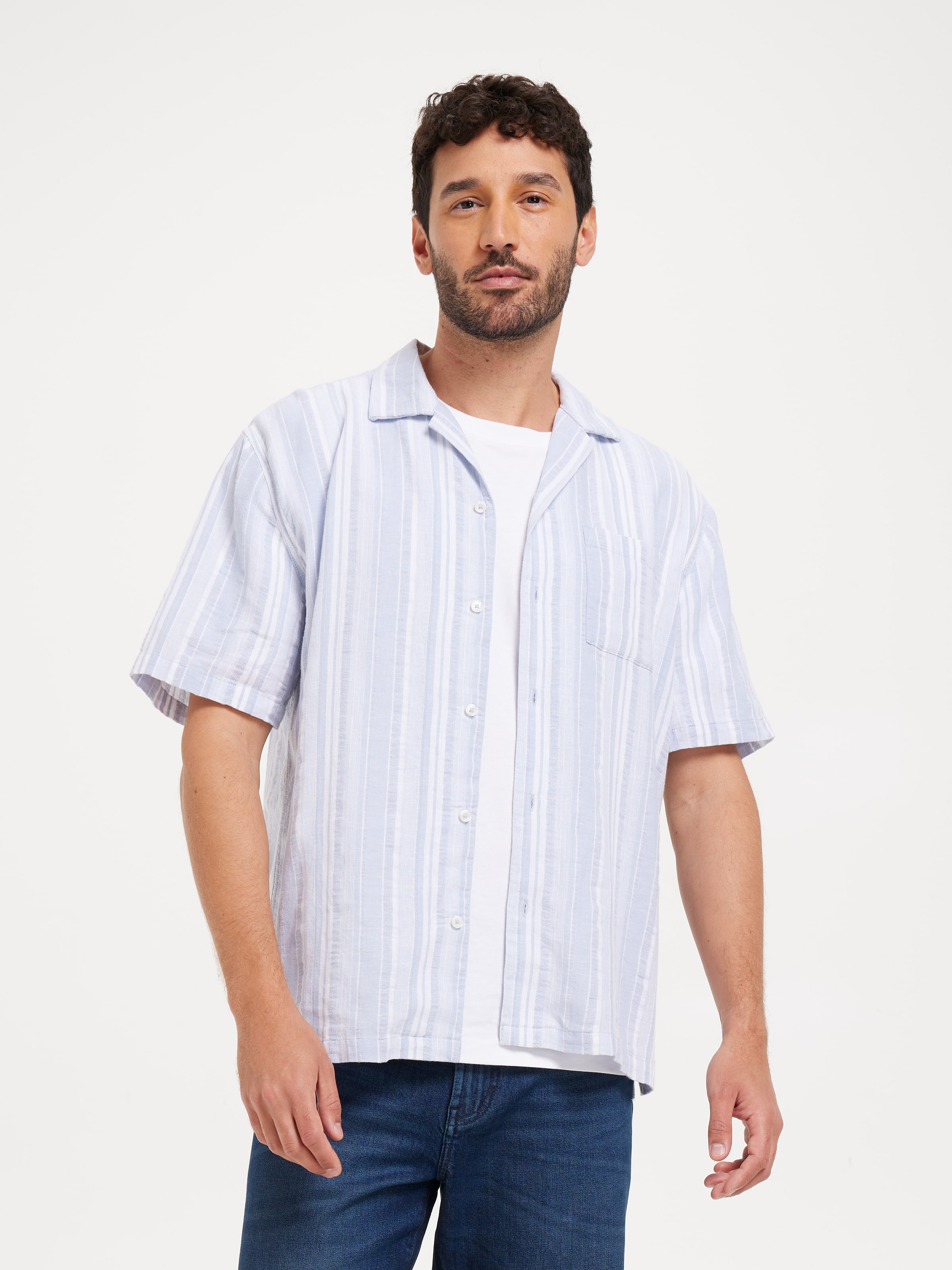 Short Sleeve Linen Textured Stripe Shirt