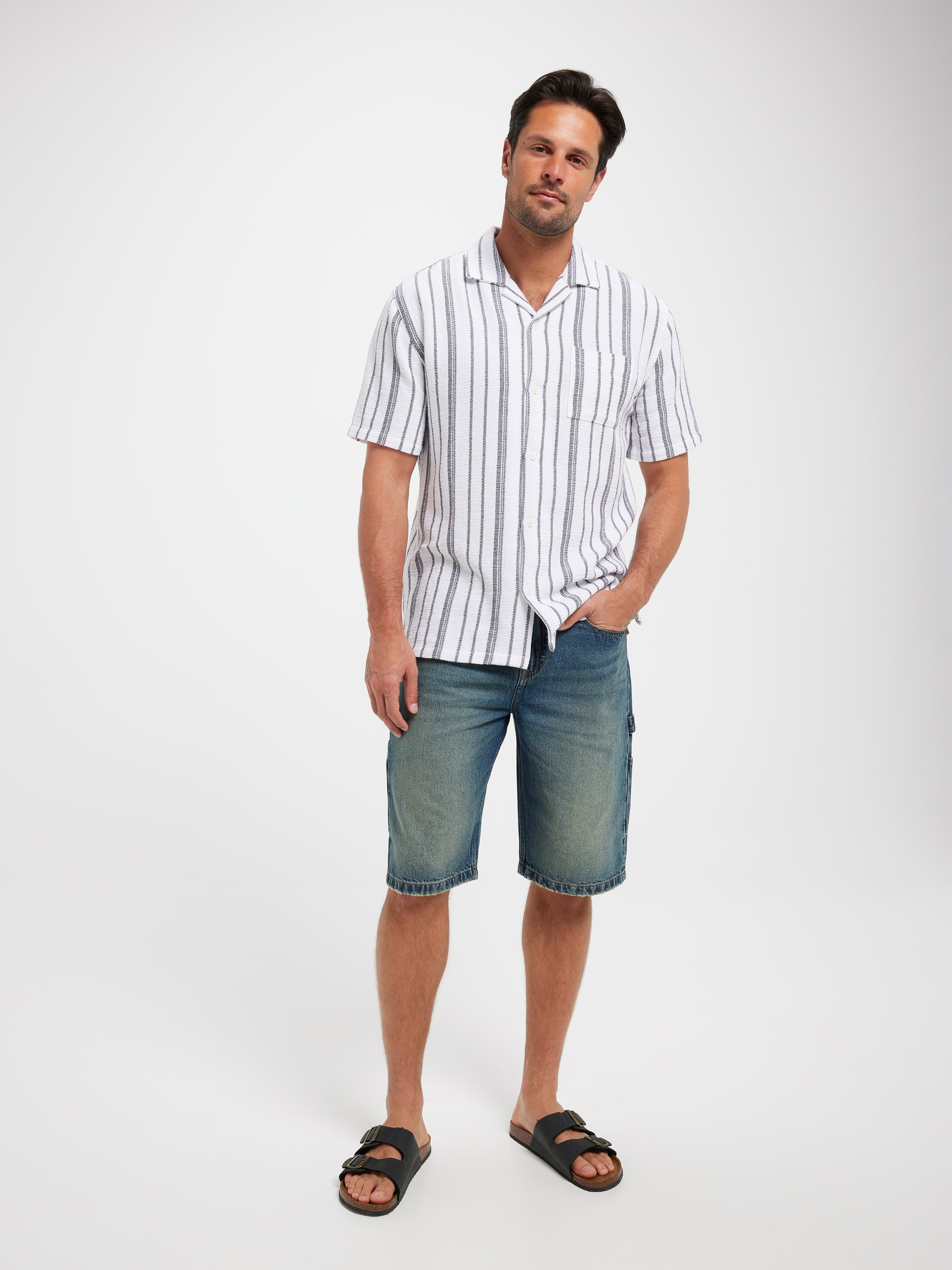 Short Sleeve Revere Textured Stripe Shirt
