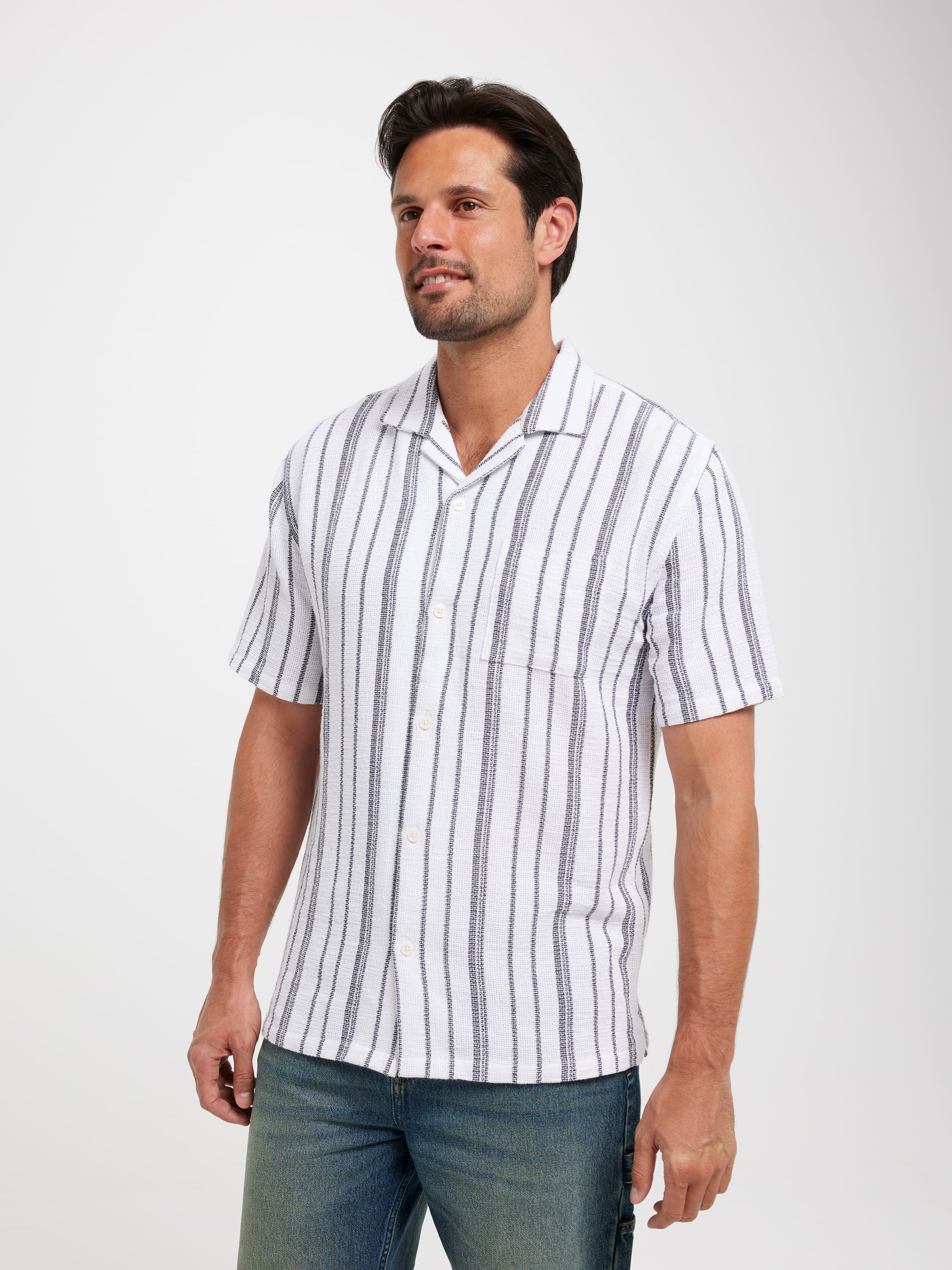 Short Sleeve Revere Textured Stripe Shirt