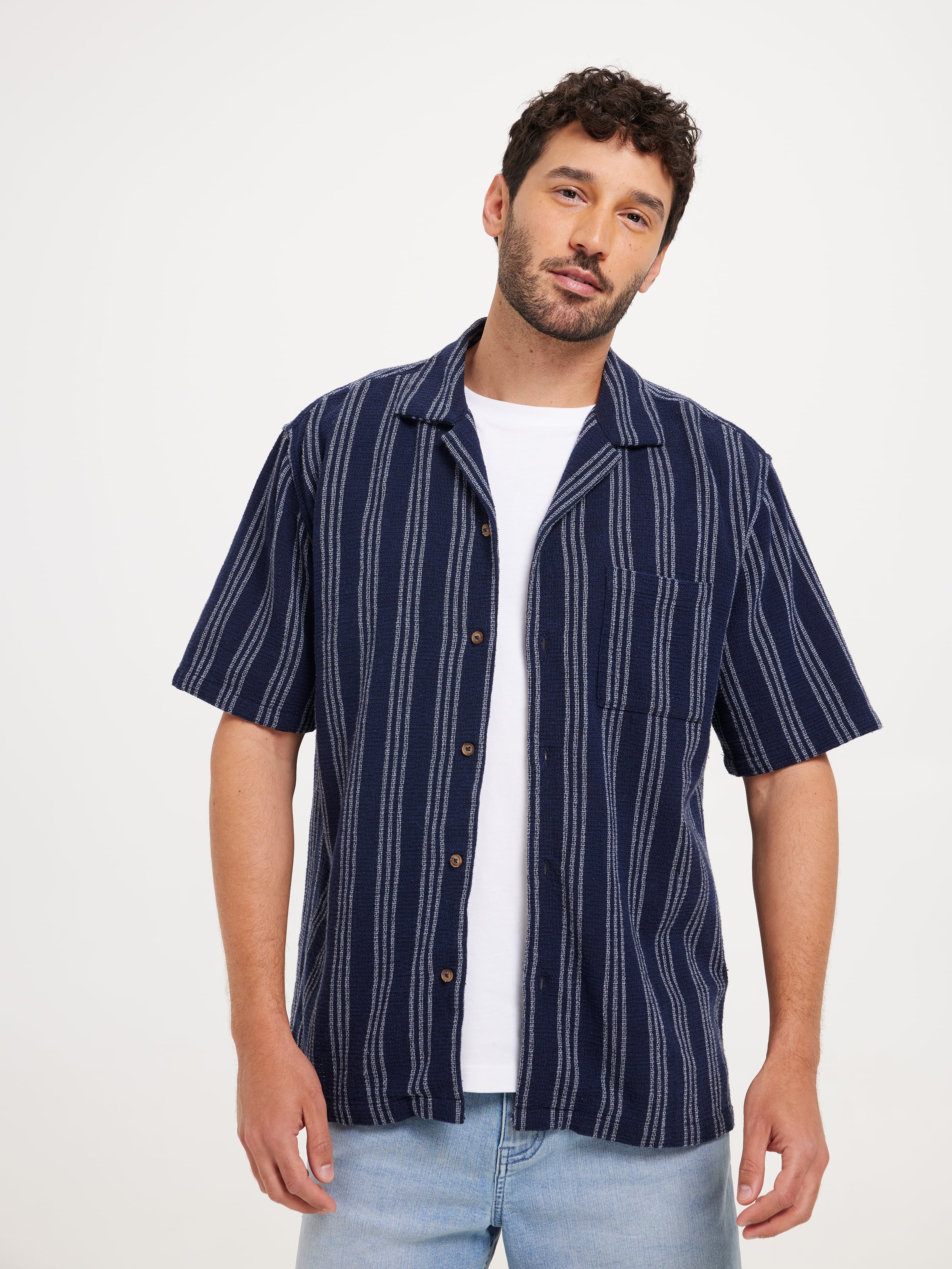 Short Sleeve Revere Textured Stripe Shirt