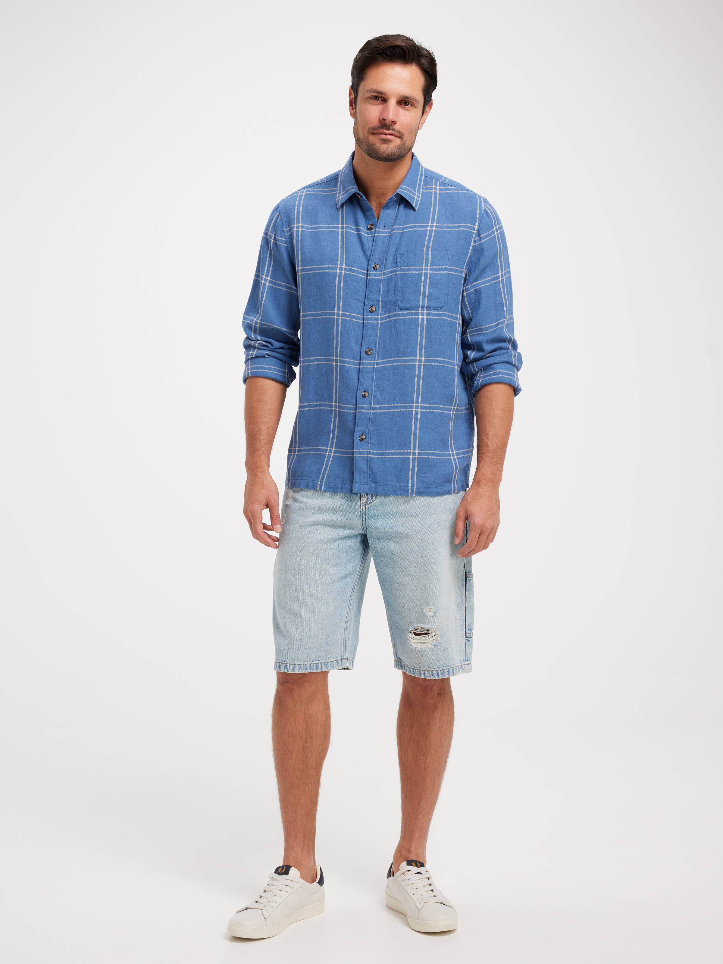 Long Sleeve Relaxed Linen Blend Check