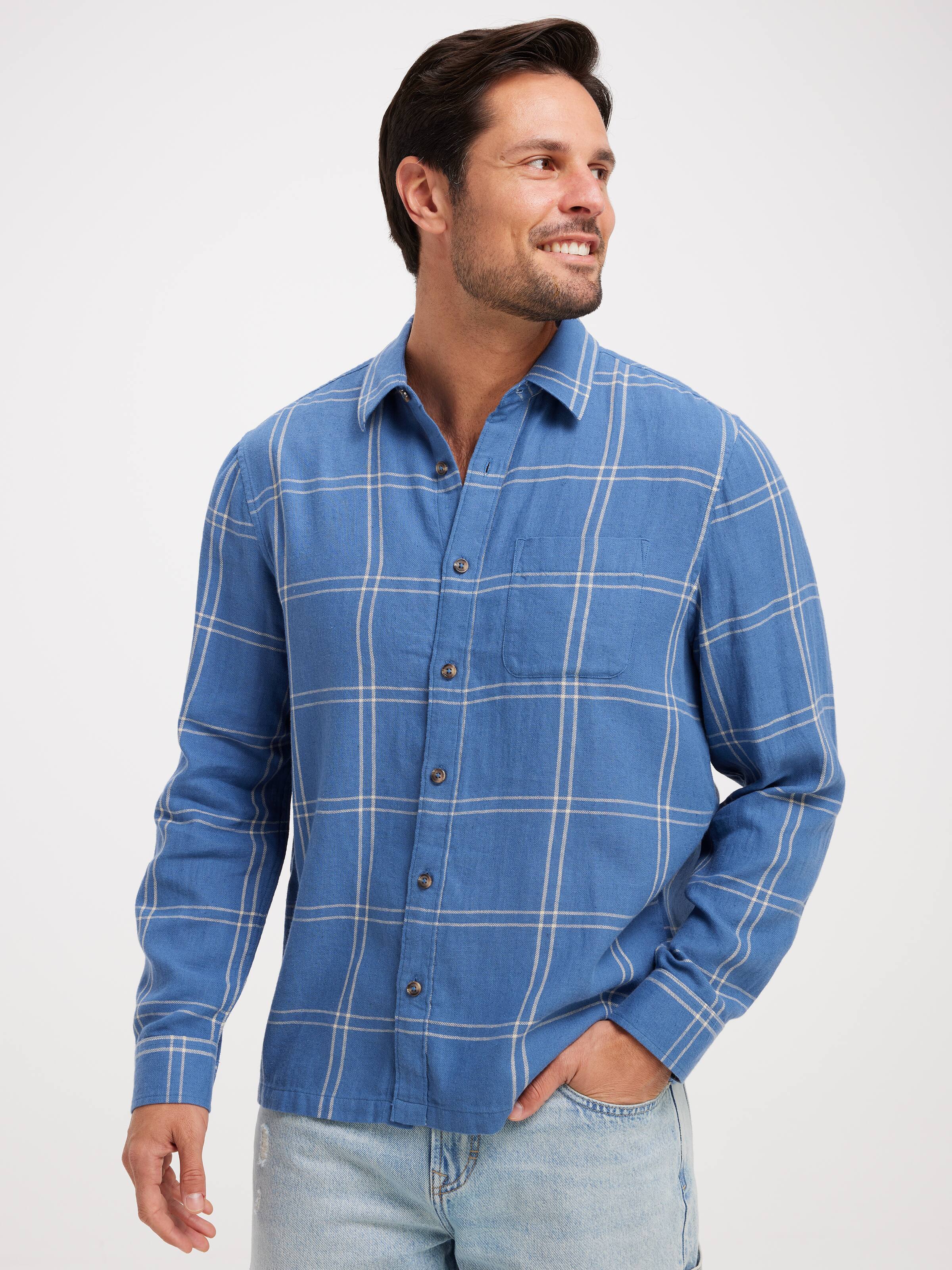 Long Sleeve Relaxed Linen Blend Check