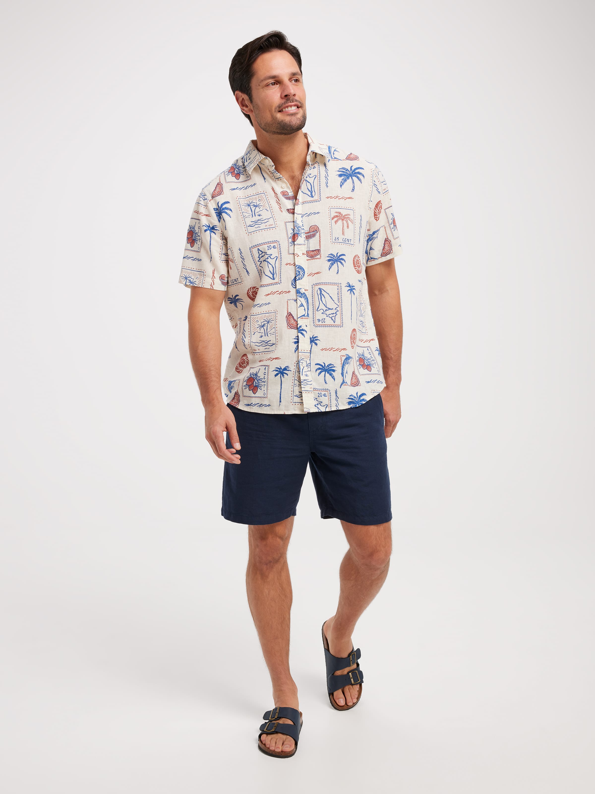 Short Sleeve Linen Blend Vacay Collage Shirt