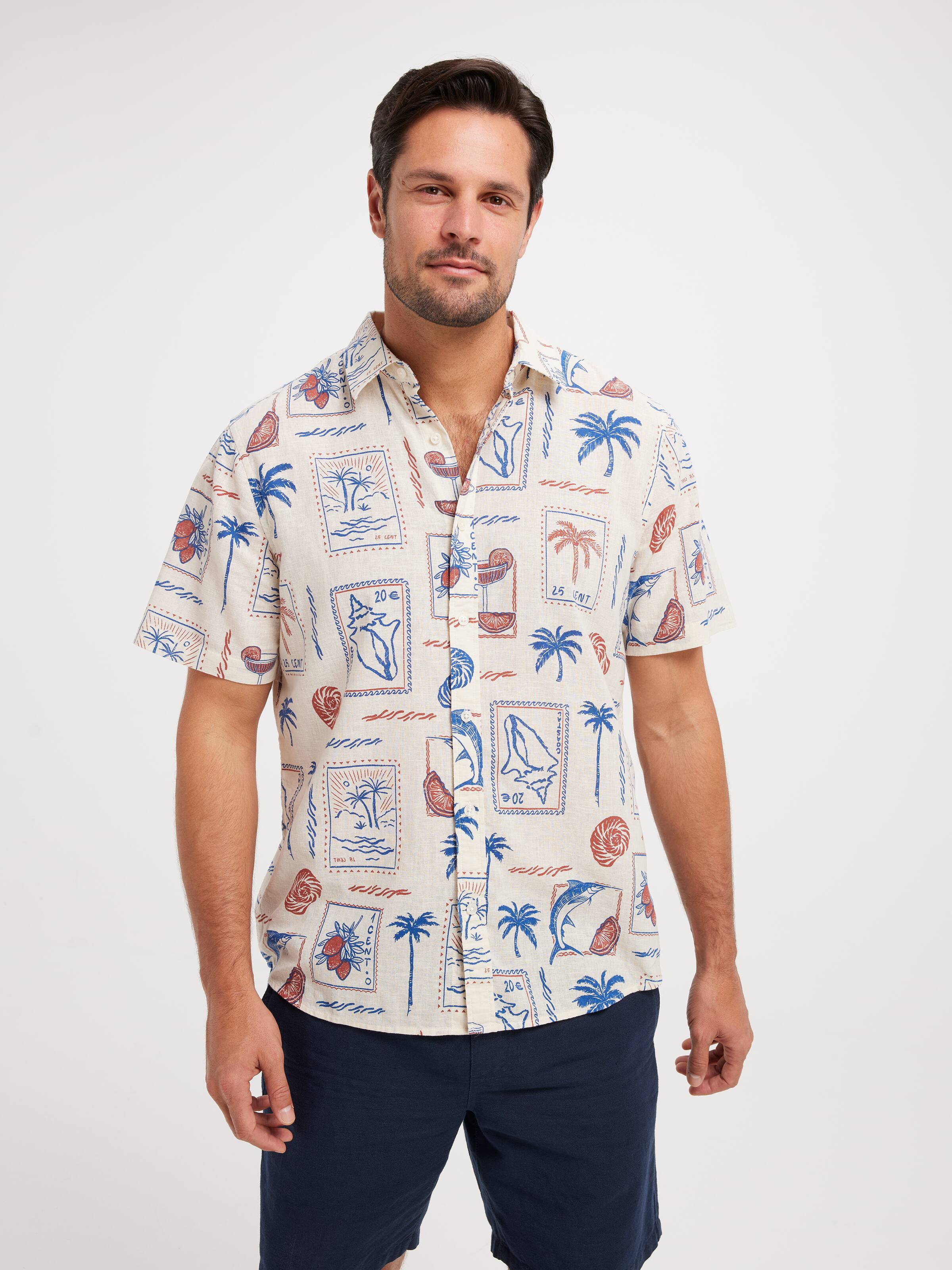 Short Sleeve Linen Blend Vacay Collage Shirt