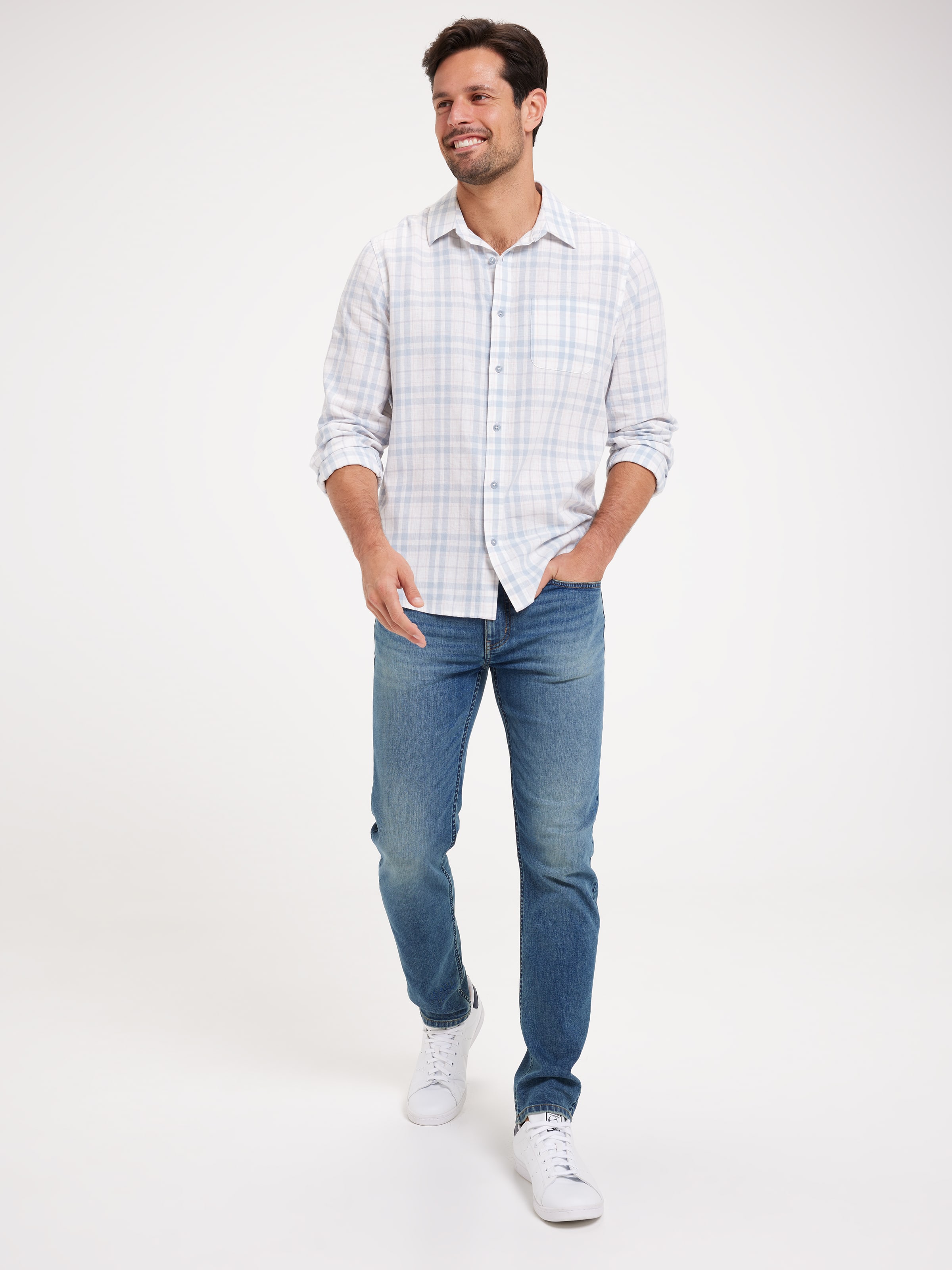 Long Sleeve Linen Blend Check Shirt