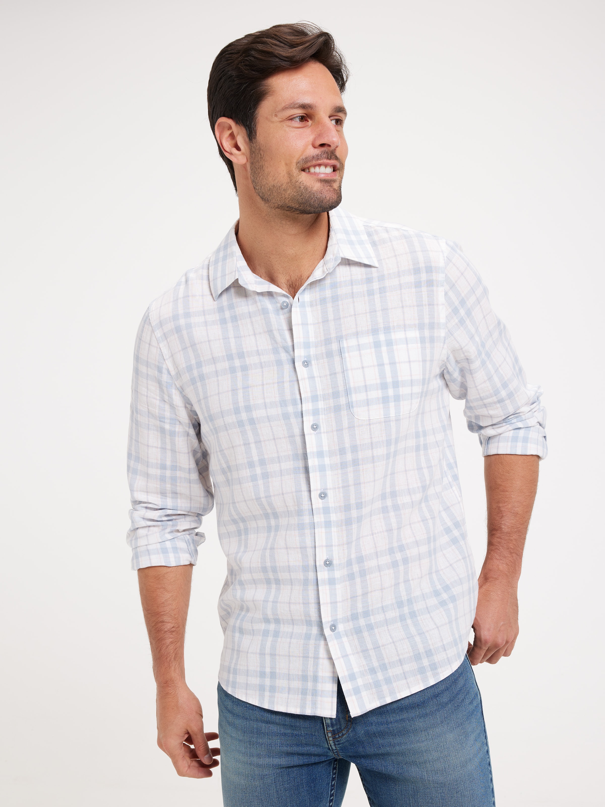 Long Sleeve Linen Blend Check Shirt
