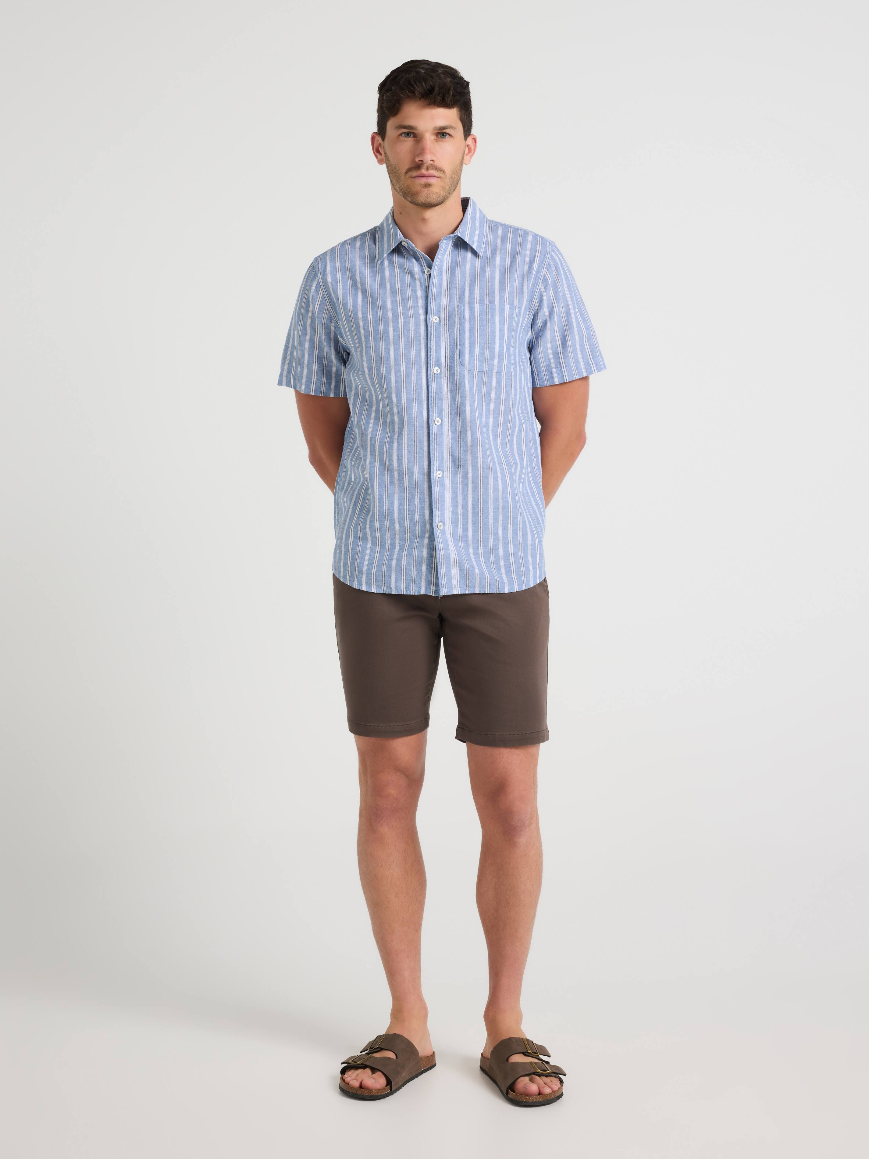 Short Sleeve Linen Blend Stripe Shirt