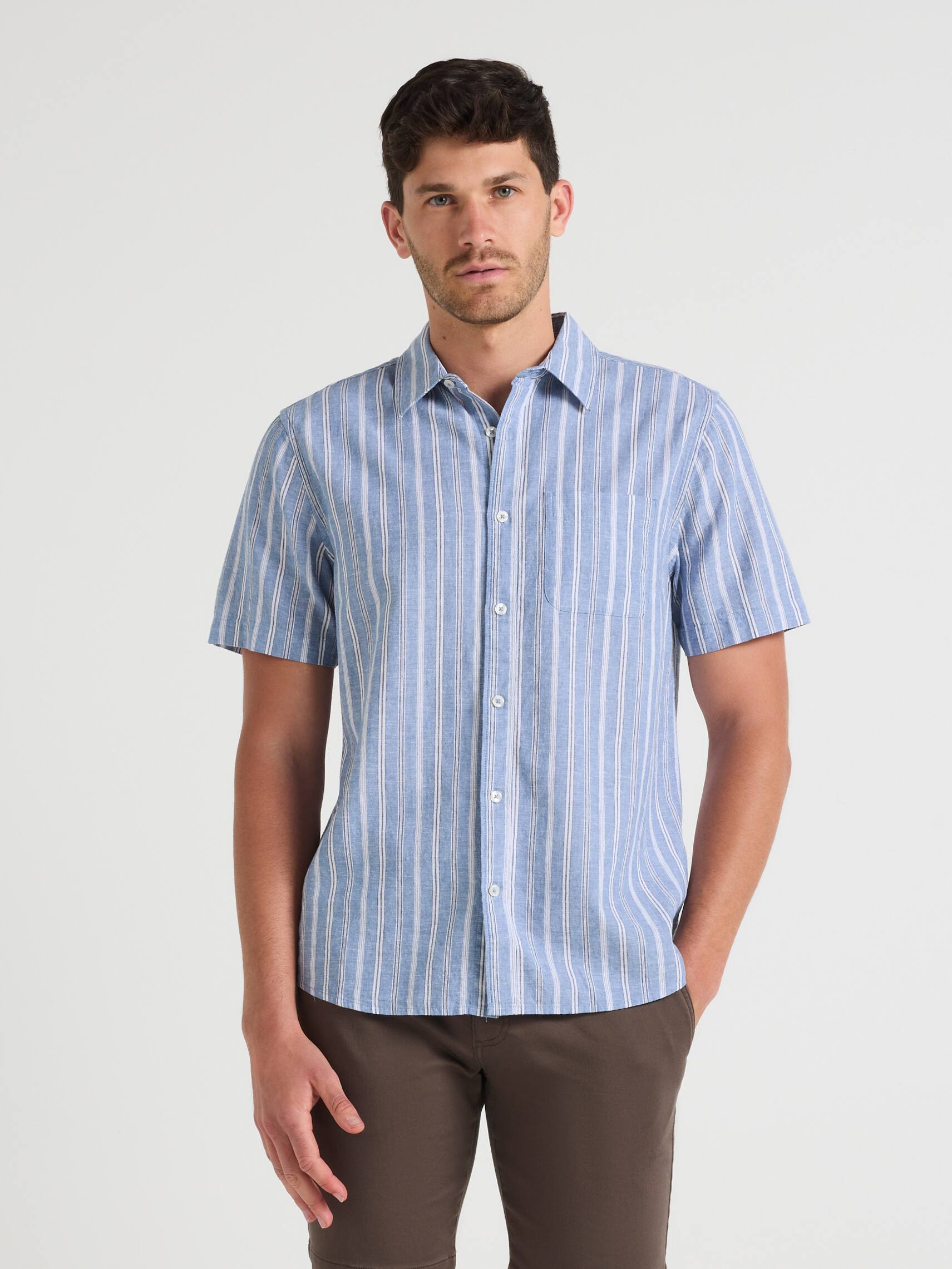 Short Sleeve Linen Blend Stripe Shirt