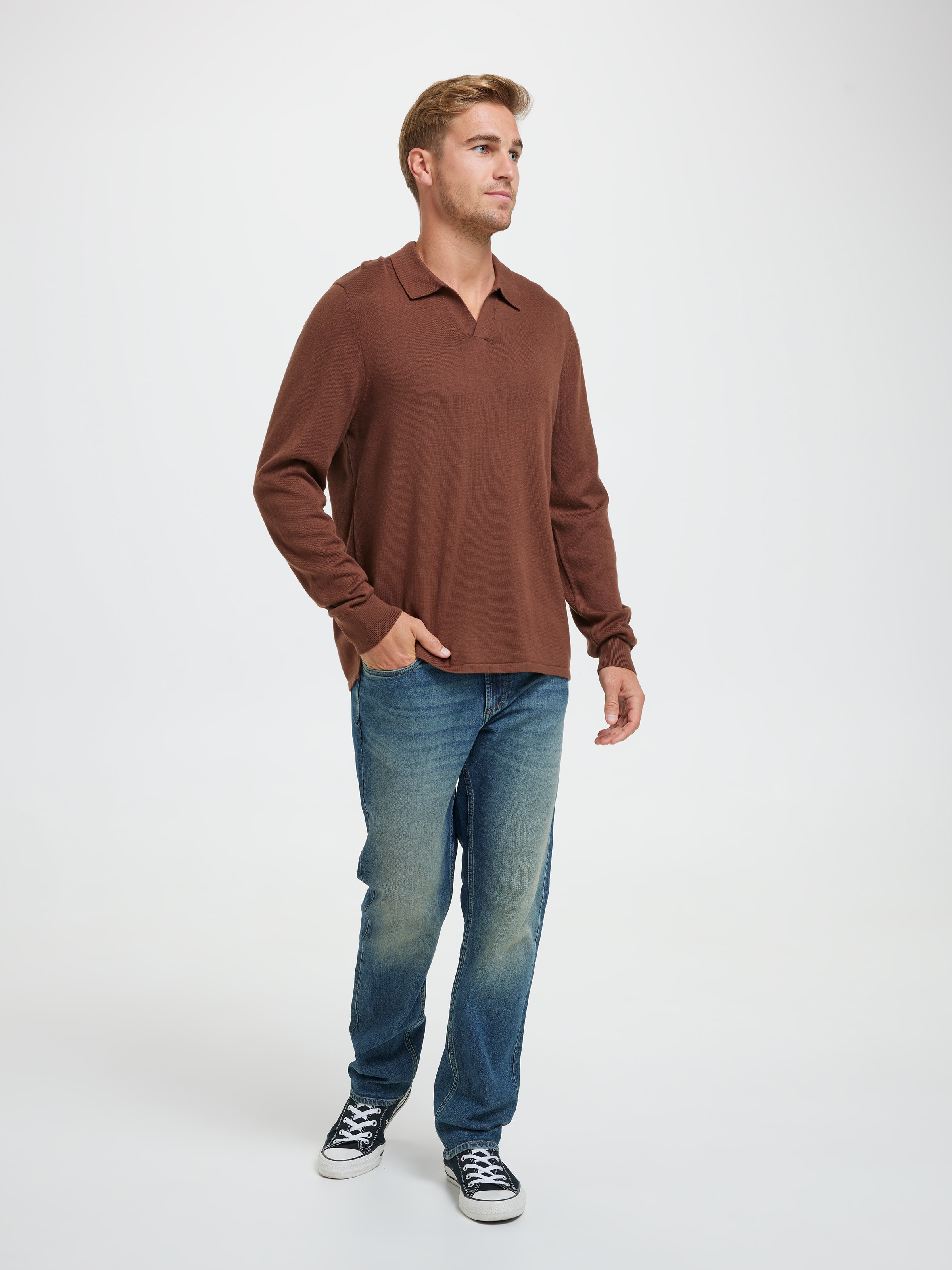 Long Sleeve Open Collar Knit Polo