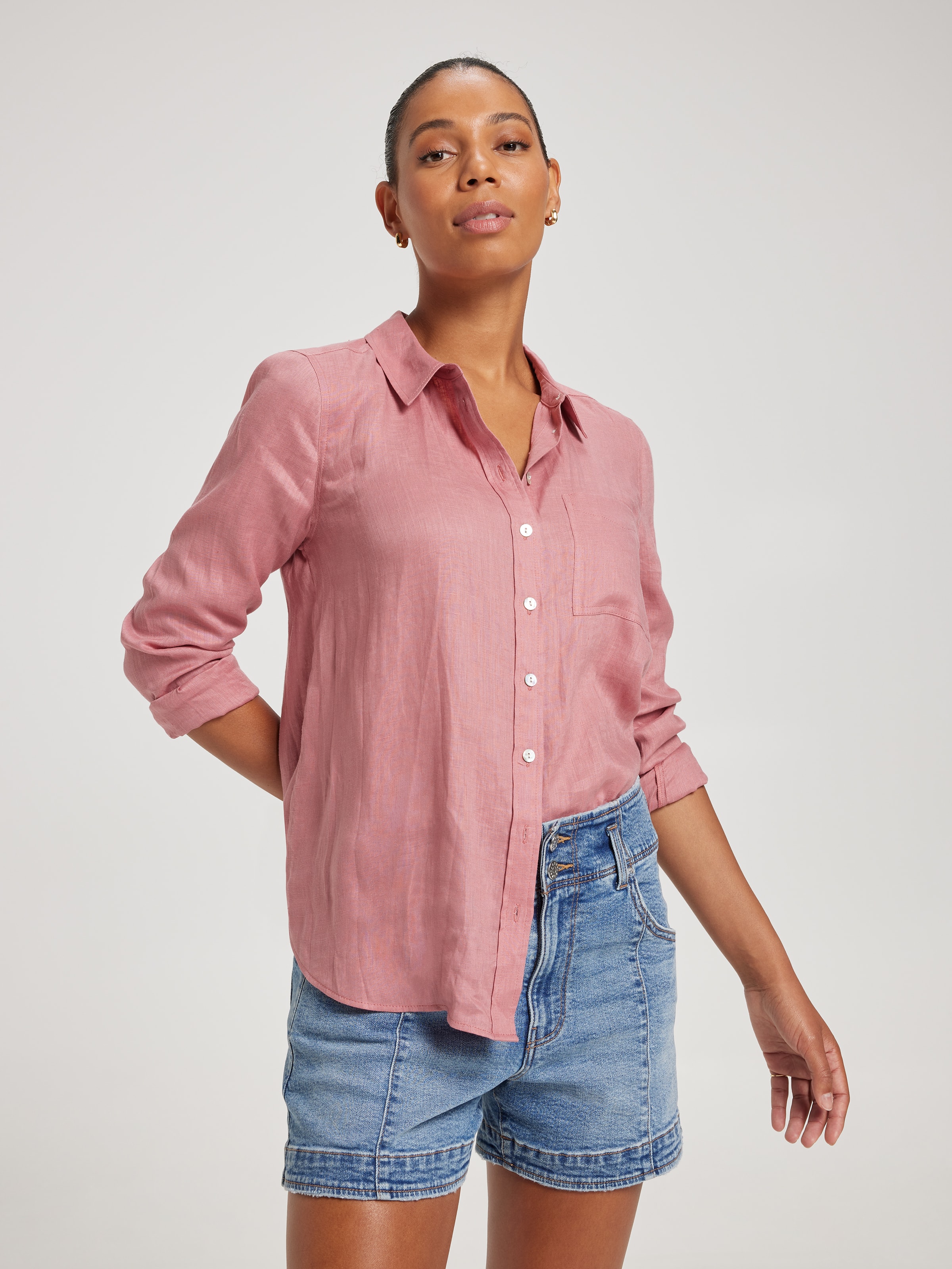 Pink button clearance up shirt womens