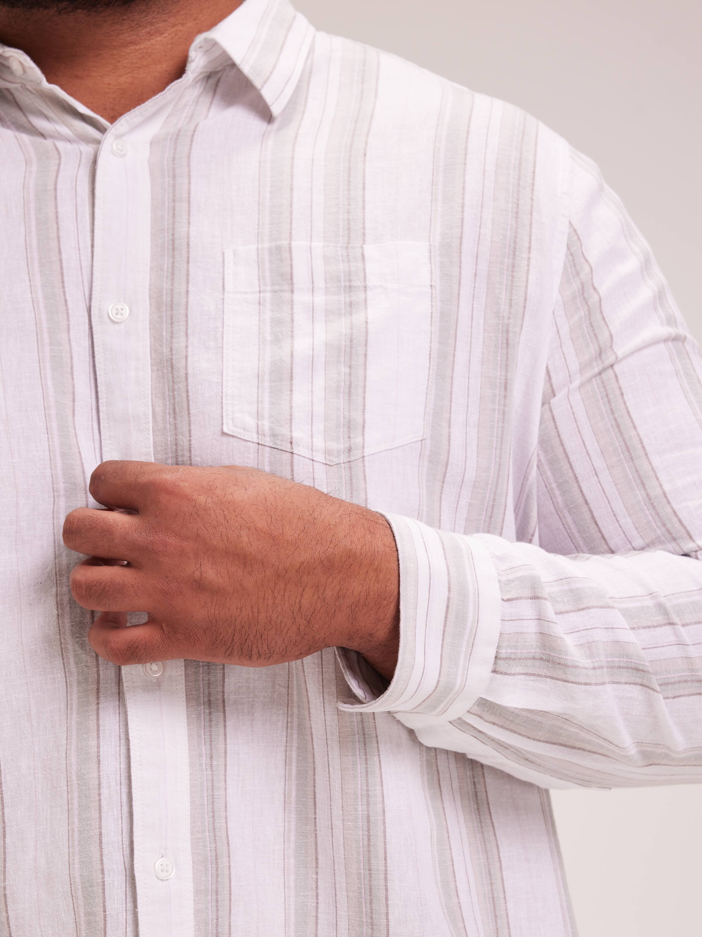 Extended Long Sleeve Linen Blend Stripe Shirt