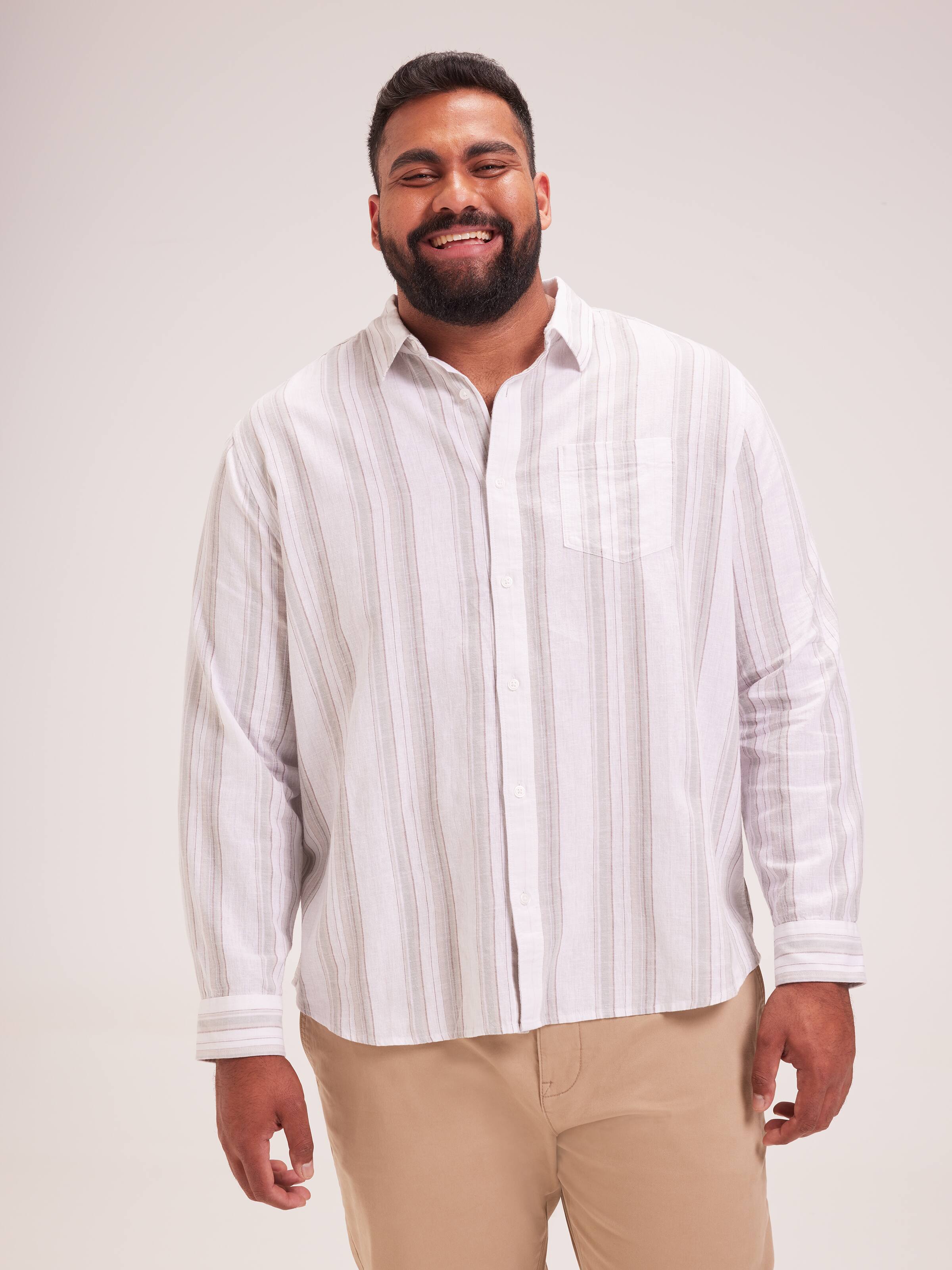 Extended Long Sleeve Linen Blend Stripe Shirt