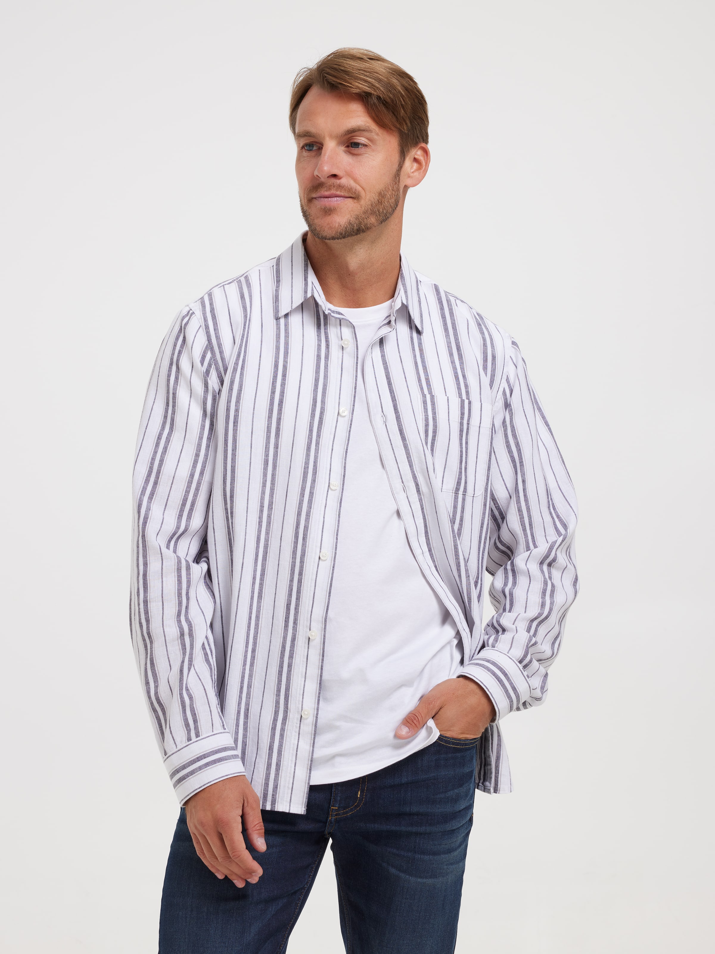 Long Sleeve Linen Blend Stripe Shirt