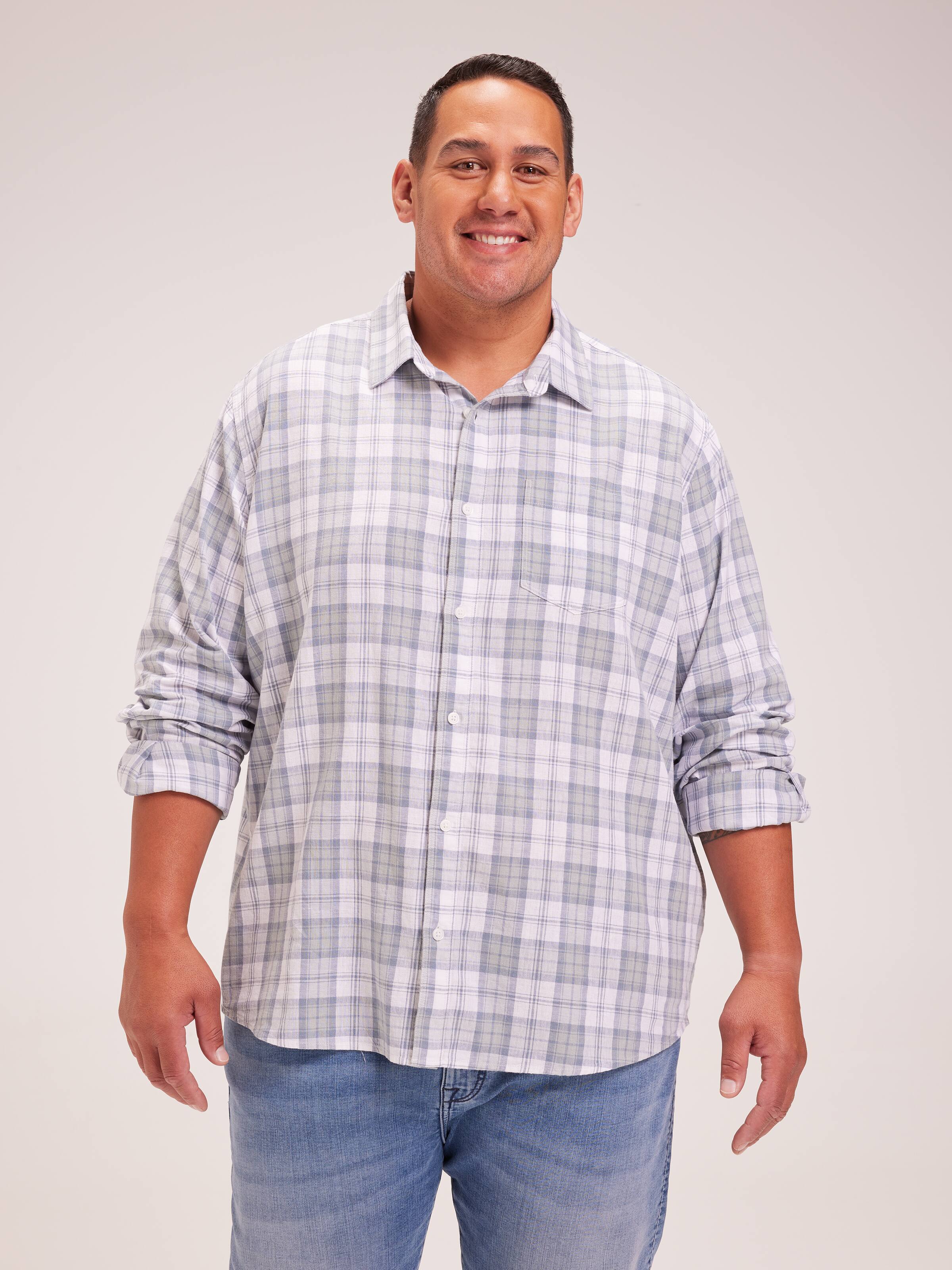 Extended Long Sleeve Linen Blend Check Shirt