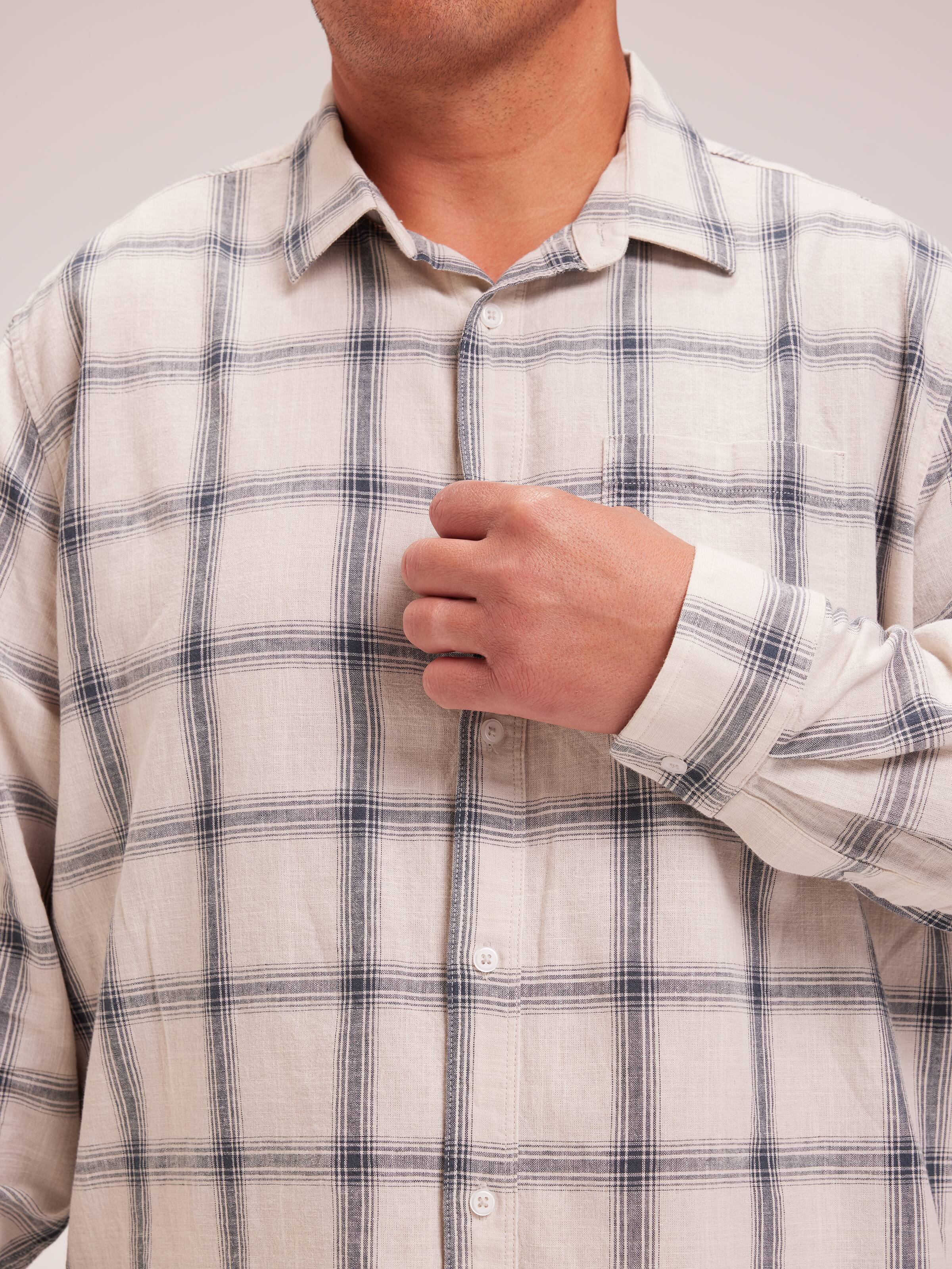 Extended Long Sleeve Linen Blend Check Shirt