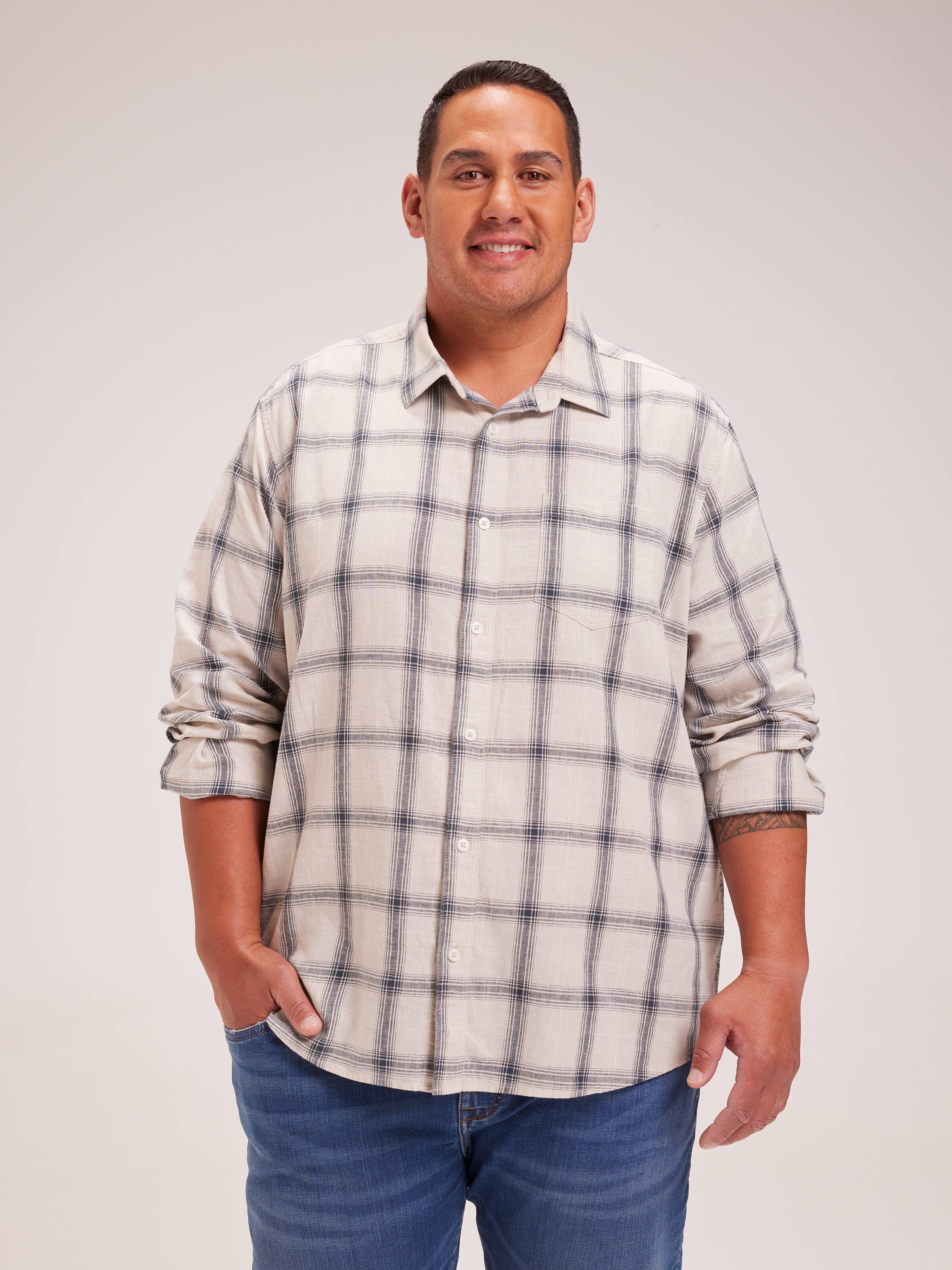Extended Long Sleeve Linen Blend Check Shirt