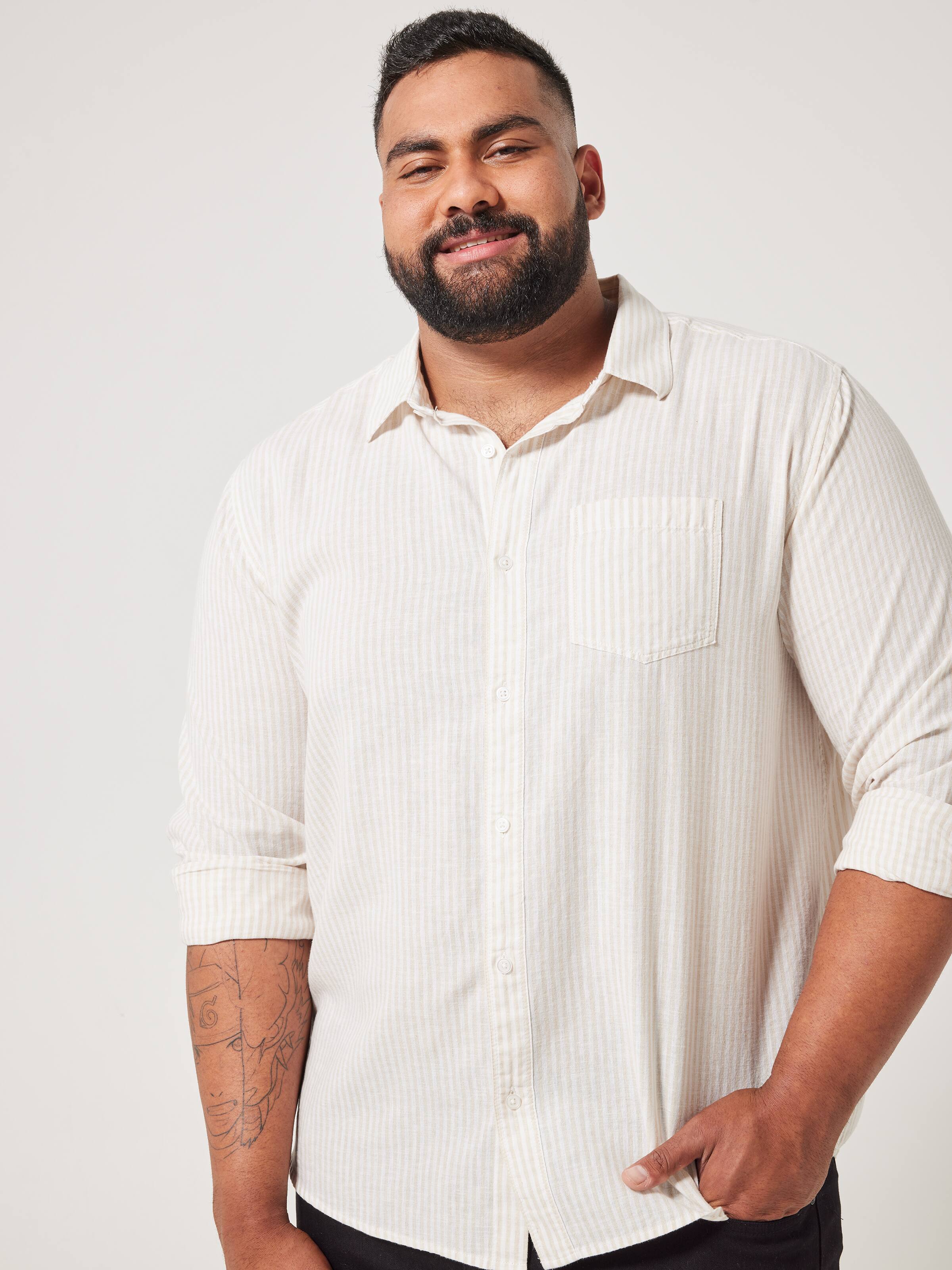 Extended Long Sleeve Linen Blend Stripe Shirt